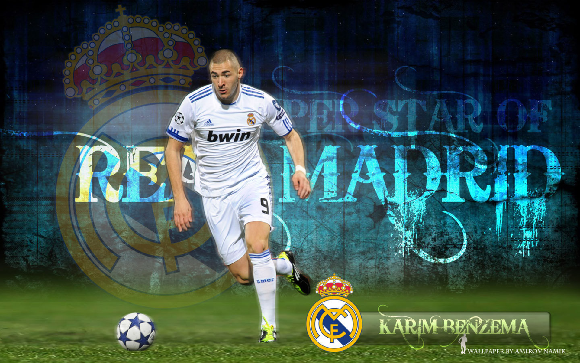 Karim Benzema, Real Madrid, Fußballspieler, Schriftzug, Türkis, Full HD, MacBook-Hintergrundbild