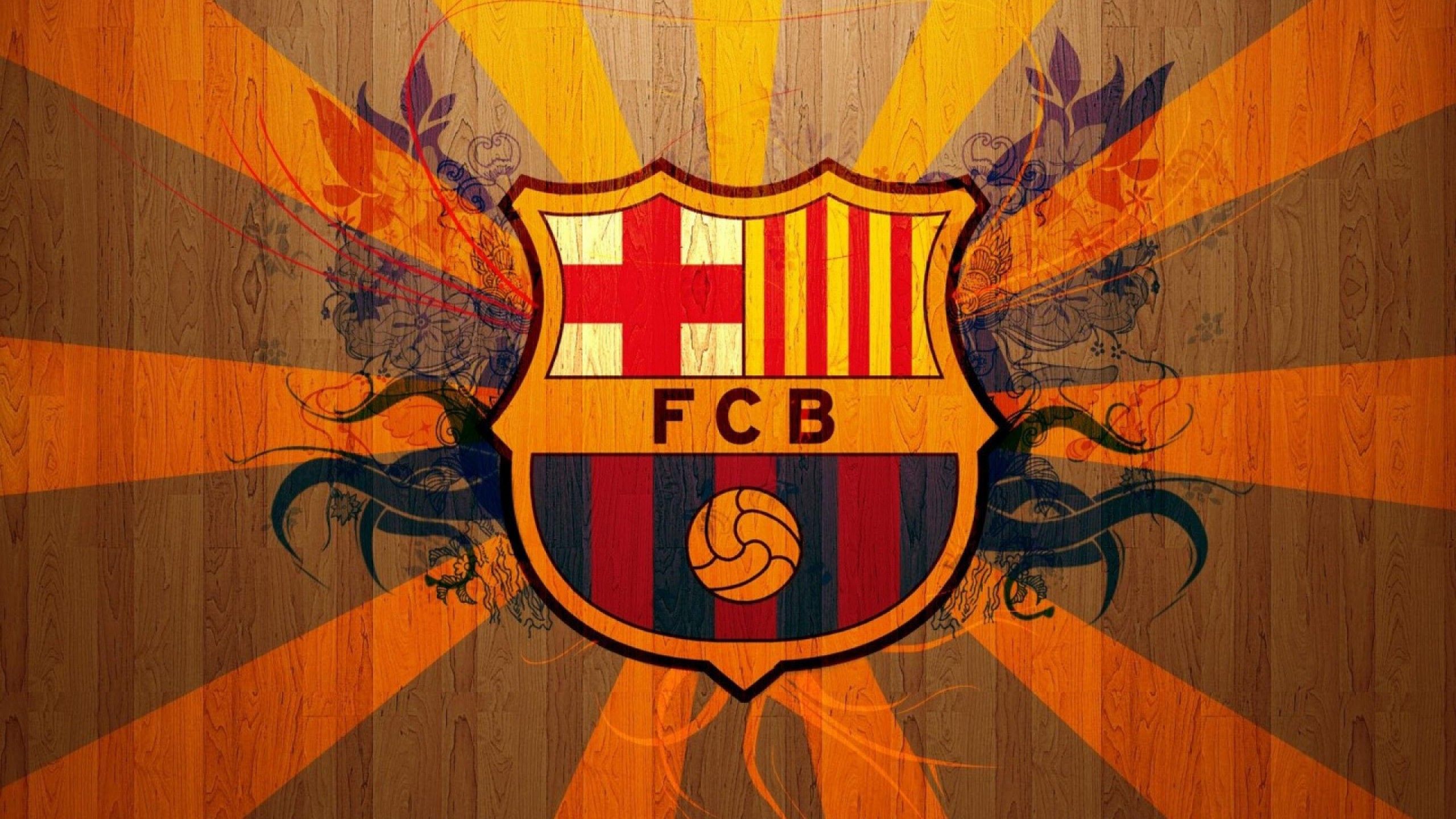 FC Barcelona, Wappen, Sonnenstrahlen, Holztextur, Orange, Ornamente, 2K-Hintergrundbild für PC