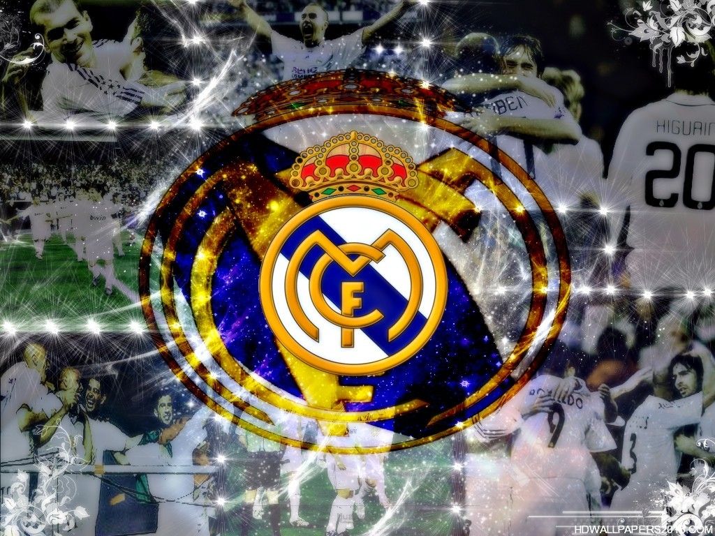 Real Madrid, Wappen, Collage, Lichteffekte, Hintergrundbild für iPad und Tablet
