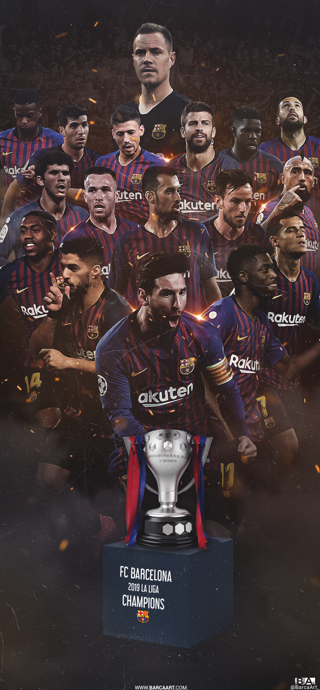 FC Barcelona, Pokal, Mannschaft, Collage, Dunkel, Hochformat, Hintergrundbild fürs Smartphone