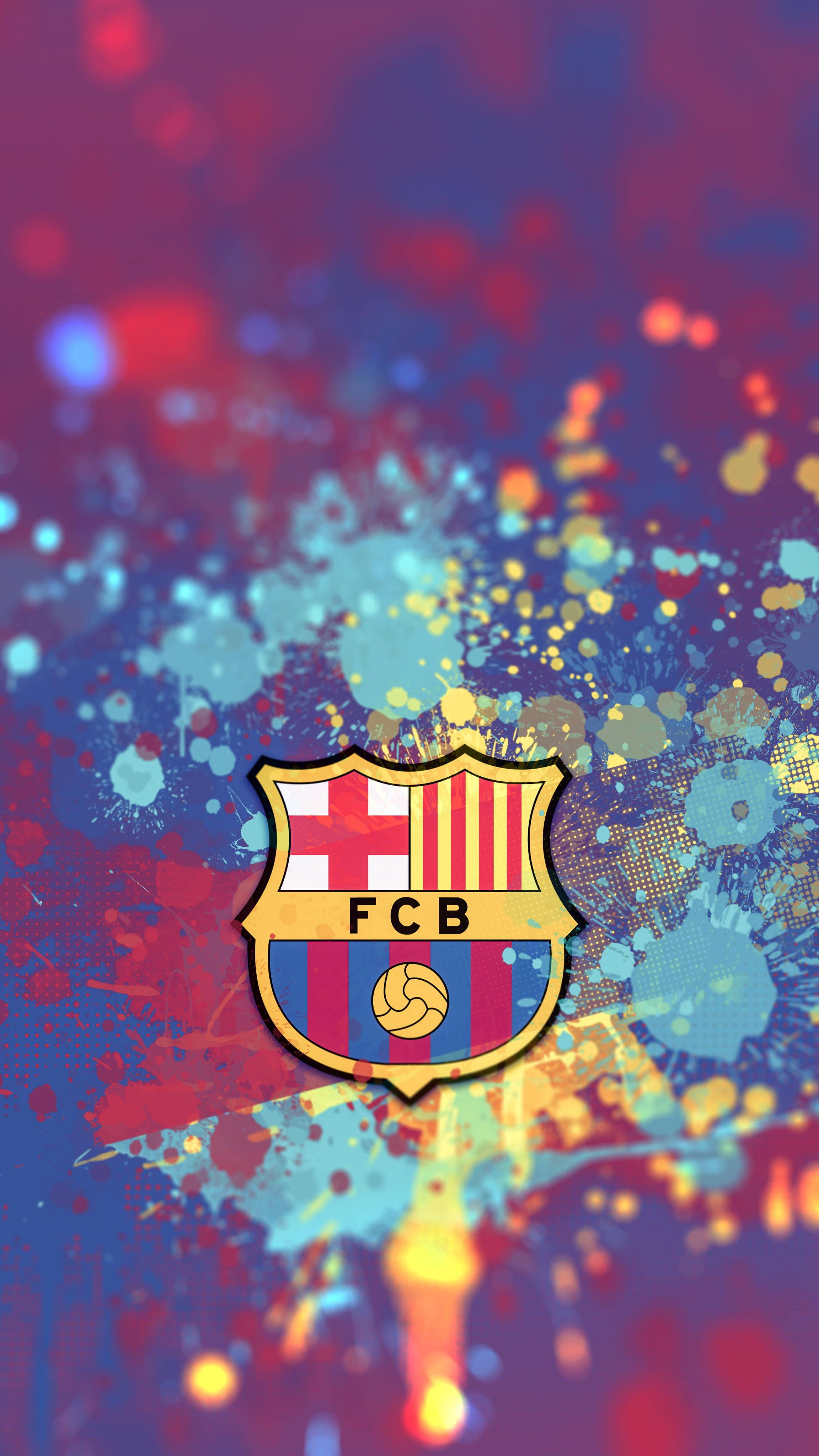 FC Barcelona, Logo, Farbspritzer, Bunt, Blau, QHD+, Hintergrundbild fürs Handy