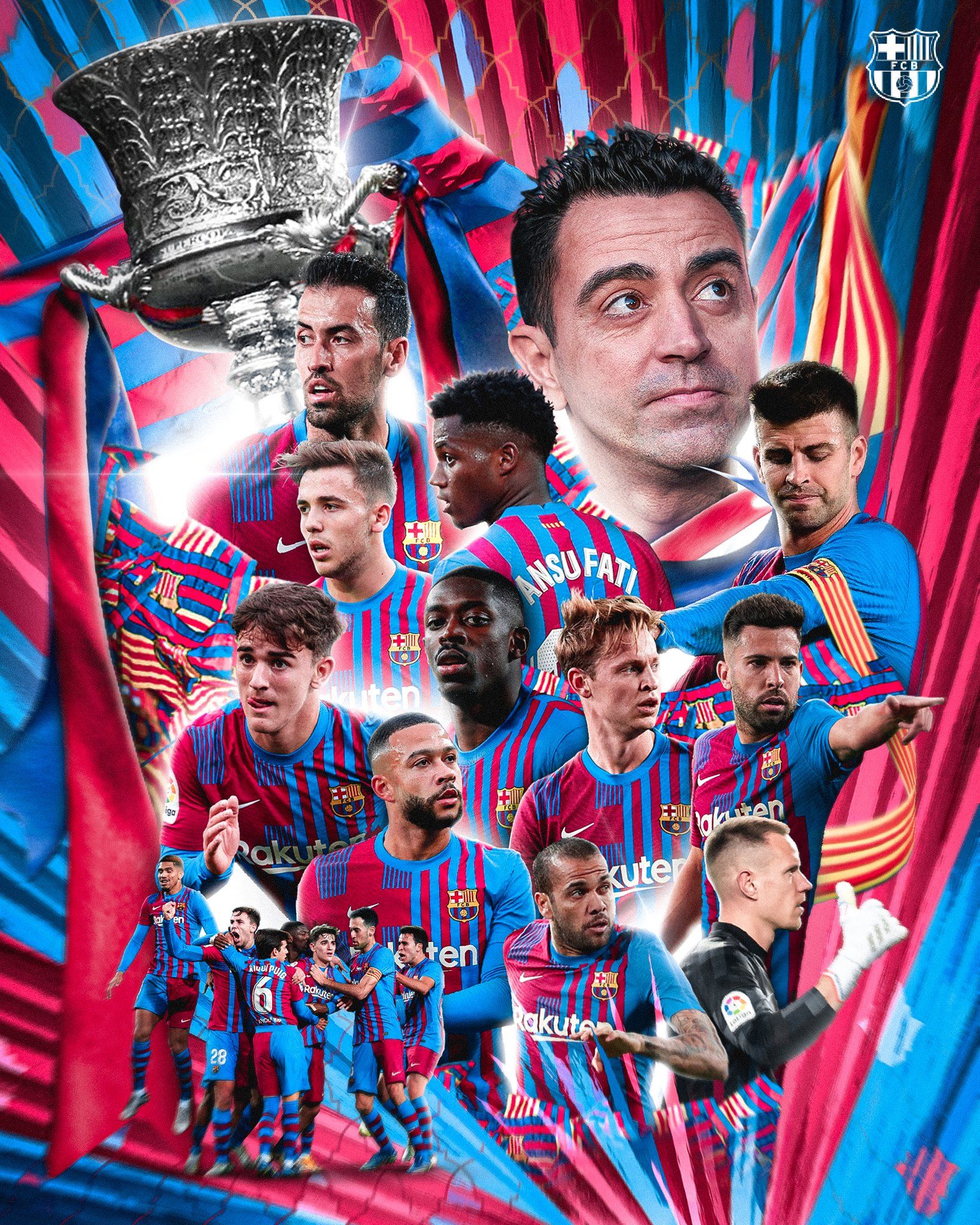 Xavi Hernández, FC Barcelona, Supercopa, Pokal, Mannschaft, Collage, Hintergrundbild fürs Tablet