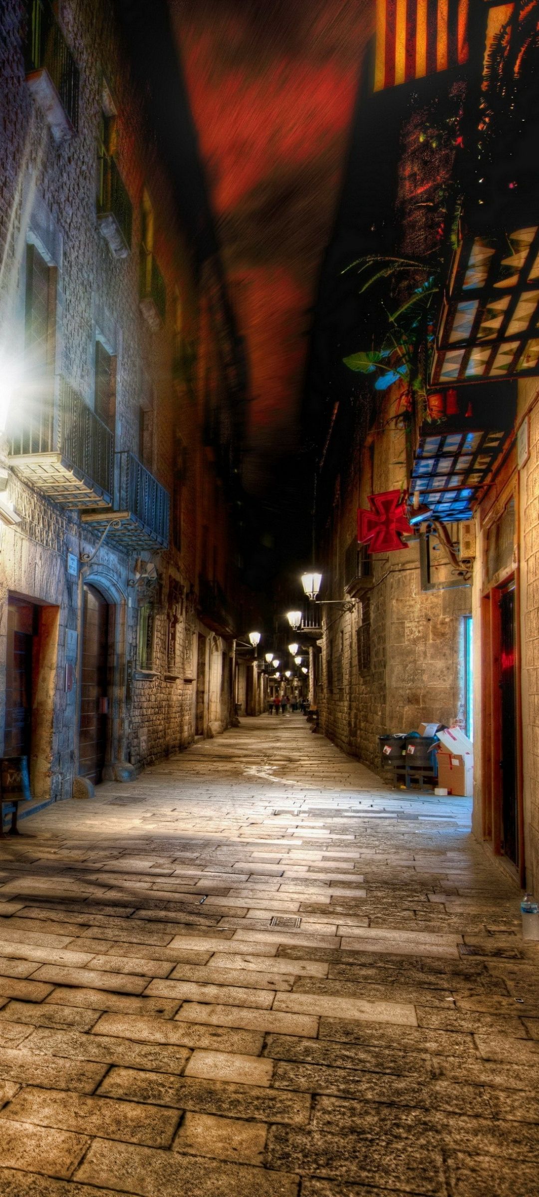 Barcelona, Barri Gòtic, Altstadtgasse, Kopfsteinpflaster, Nacht, Laternen, Full HD, iPhone-Hintergrundbild
