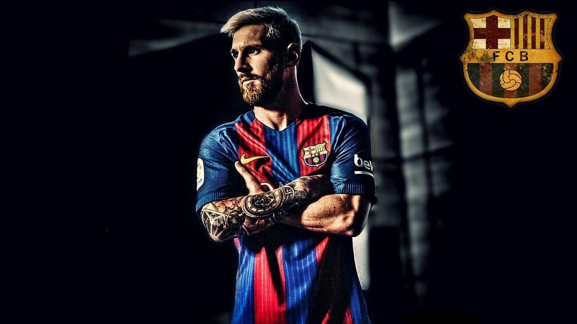 Lionel Messi, FC Barcelona, Tattoos, Verschränkte Arme, Dunkel, Full HD, Laptop-Hintergrundbild