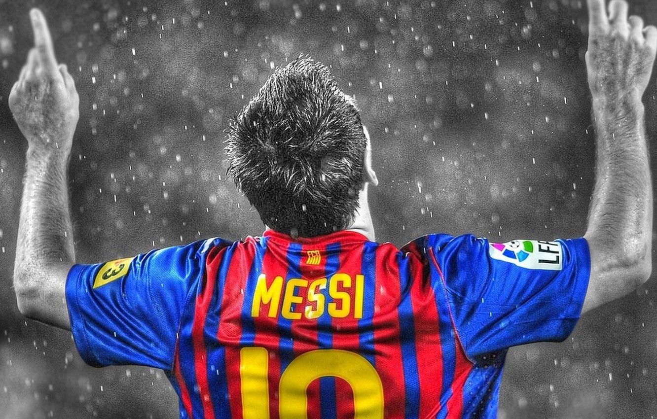 Lionel Messi, FC Barcelona, Rückennummer 10, Rückenansicht, Schwarz-Weiß, Farbakzent, HD Wallpaper