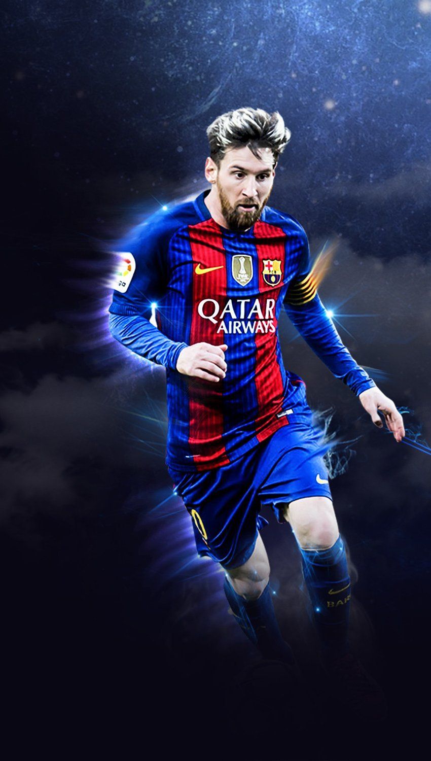 Lionel Messi, FC Barcelona, Qatar Airways, Dribbling, Dunkelblau, HD, Handy-Hintergrund