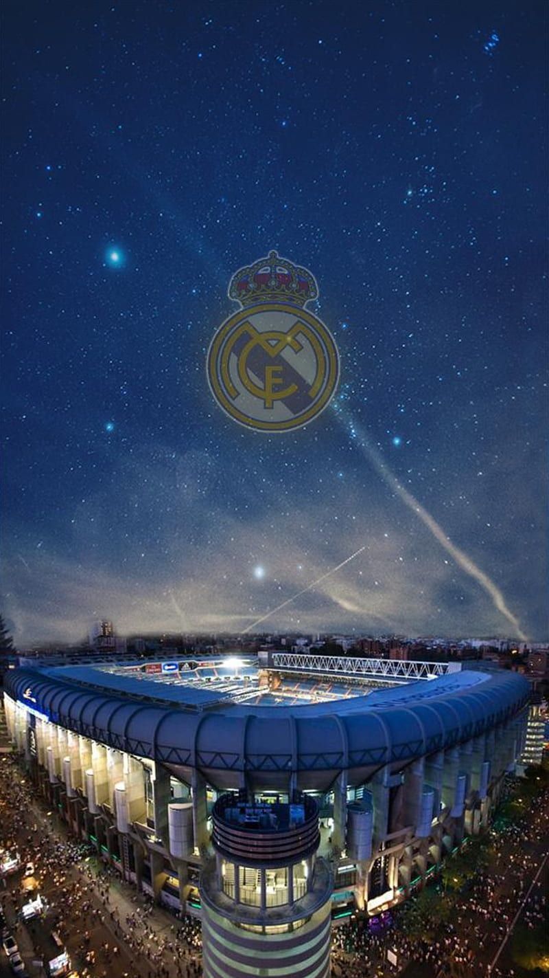 Estadio Santiago Bernabéu, Real Madrid, Wappen, Sternenhimmel, Nacht, HD, iPhone-Hintergrundbild