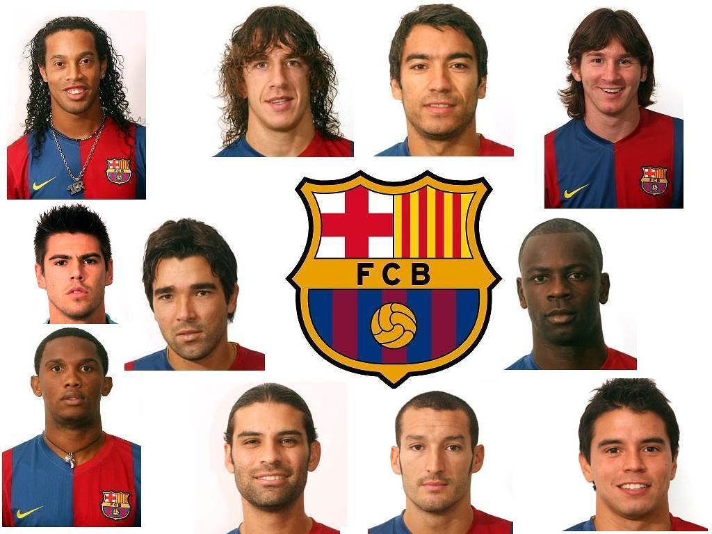 FC Barcelona, Ronaldinho, Carles Puyol, Lionel Messi, Samuel Eto'o, Spielerporträts, Wappen, iPad-Hintergrundbild
