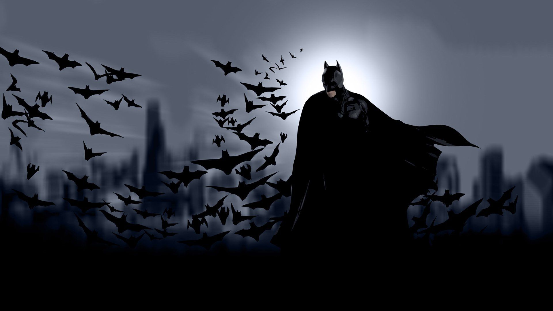Batman, Fledermausschwarm, Gotham City, Silhouette, Mondlicht, Nacht, Full HD, Windows-Hintergrundbild