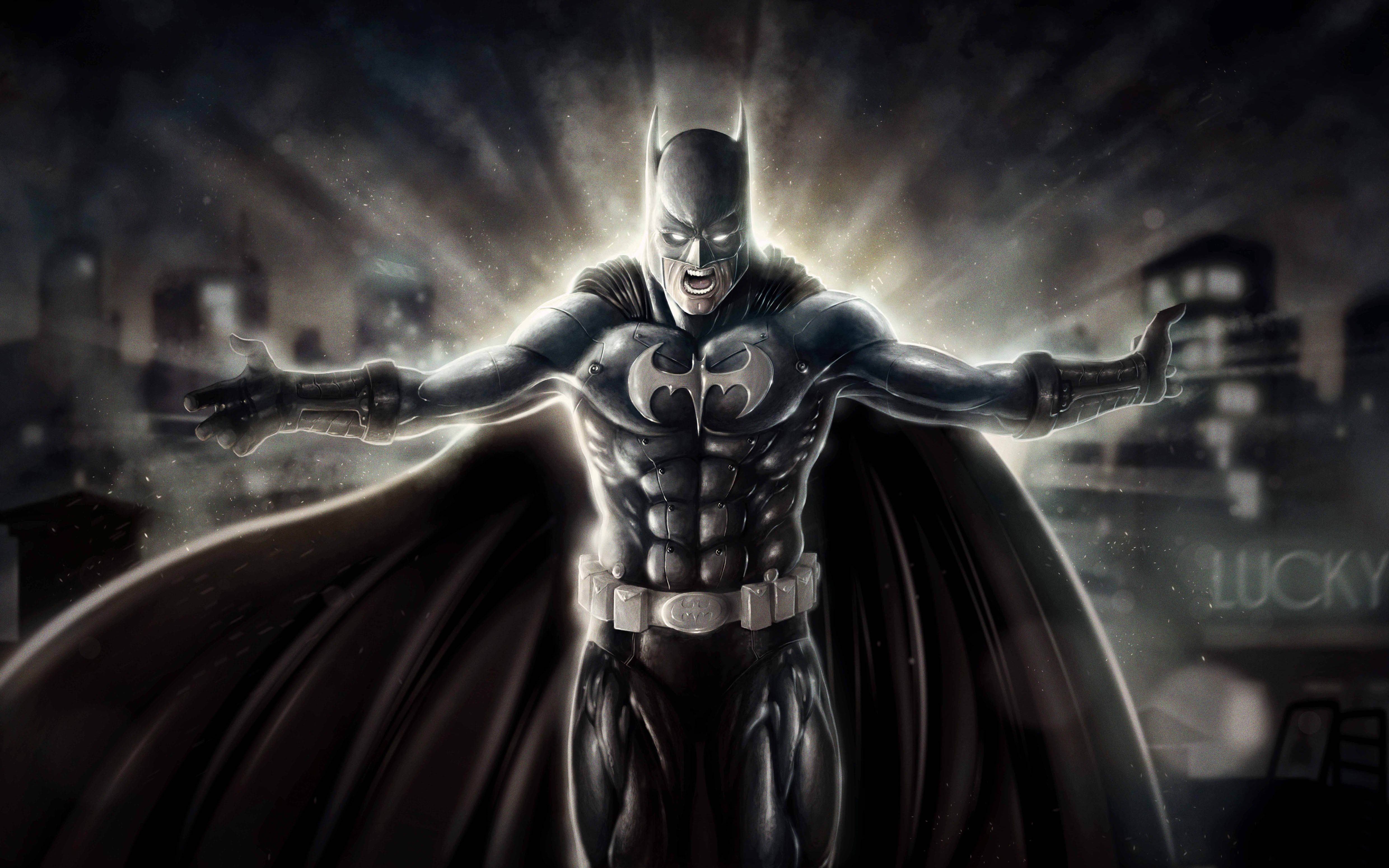 Batman, DC Comics, Ausgebreiteter Umhang, Gotham City, Gegenlicht, 4K, Desktop-Hintergrund
