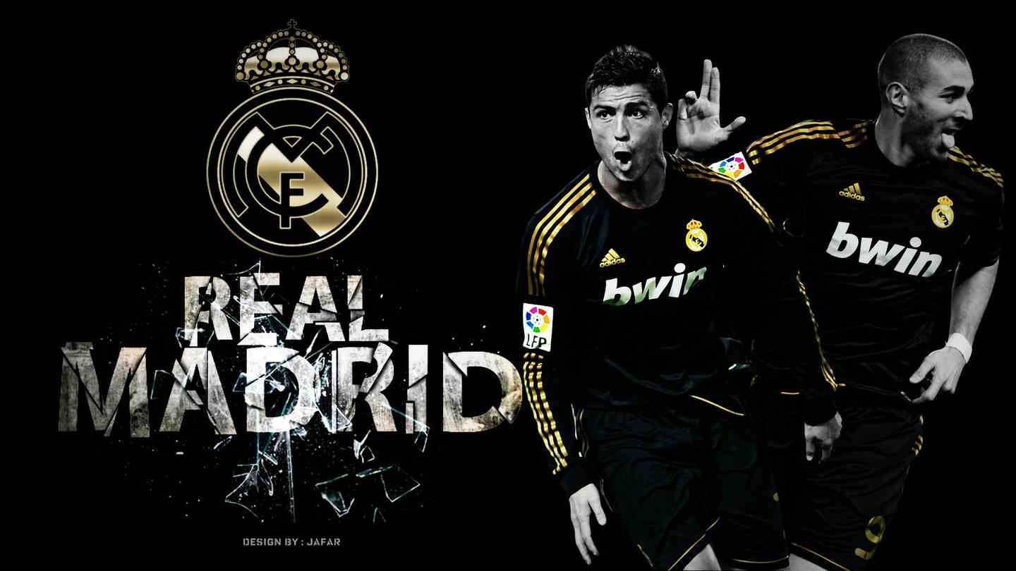 Cristiano Ronaldo, Karim Benzema, Real Madrid, Schwarze Trikots, Schriftzug, HD-Hintergrund