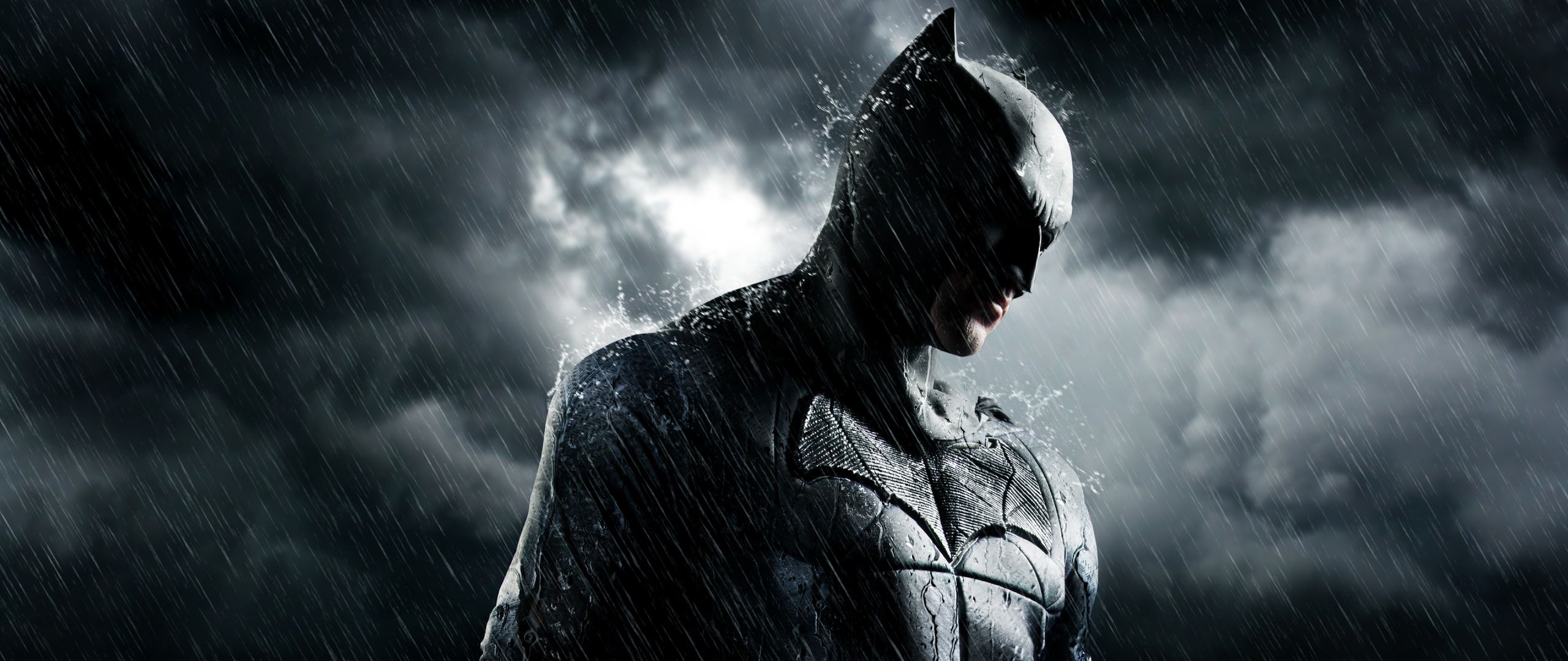 Batman, Regen, Sturmwolken, Profil, Düster, 21:9, 2K-Hintergrundbild für den Desktop