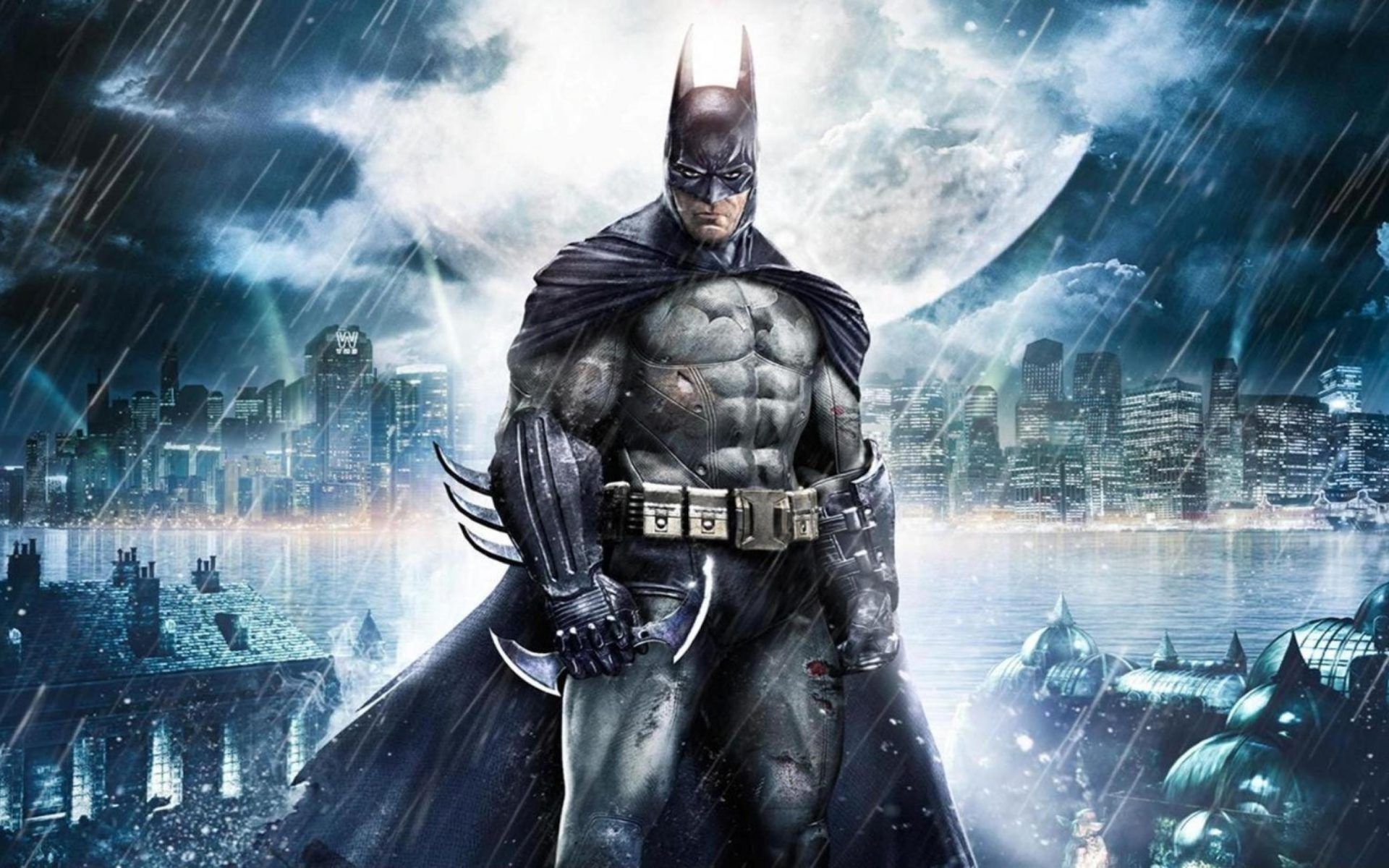 Batman: Arkham Asylum, Batman, Gotham City, Mond, Videospiel, Regen, Full HD, MacBook-Hintergrundbild