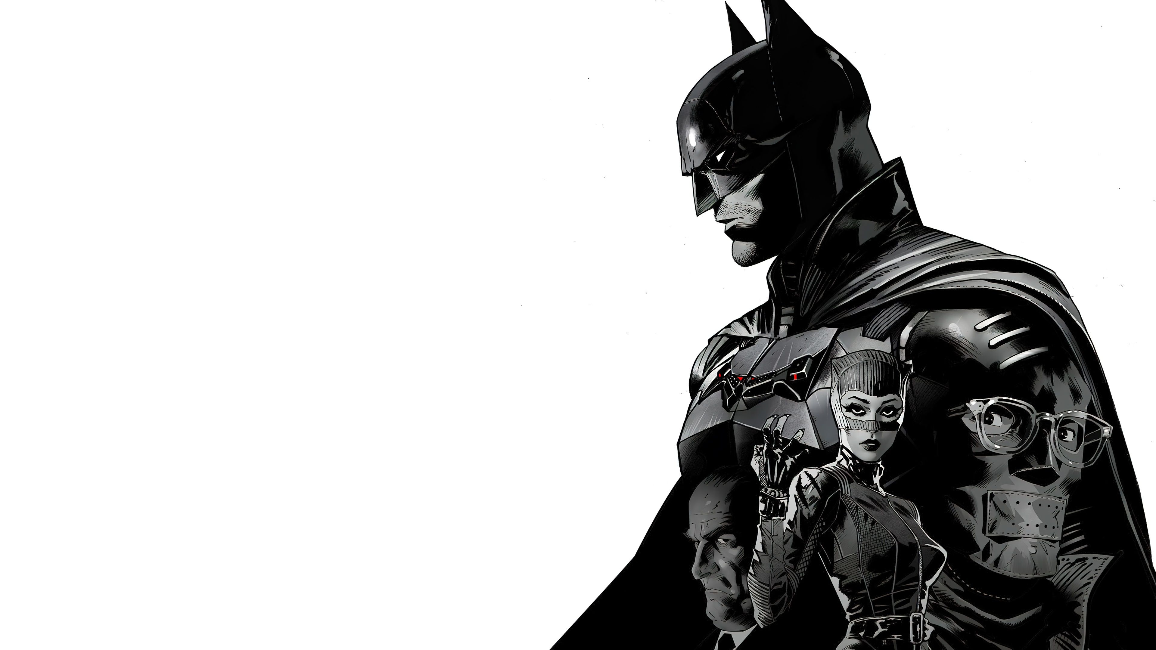 The Batman, Batman, Catwoman, Riddler, Schwarz-Weiß, Illustration, 4K, Windows-Hintergrundbild