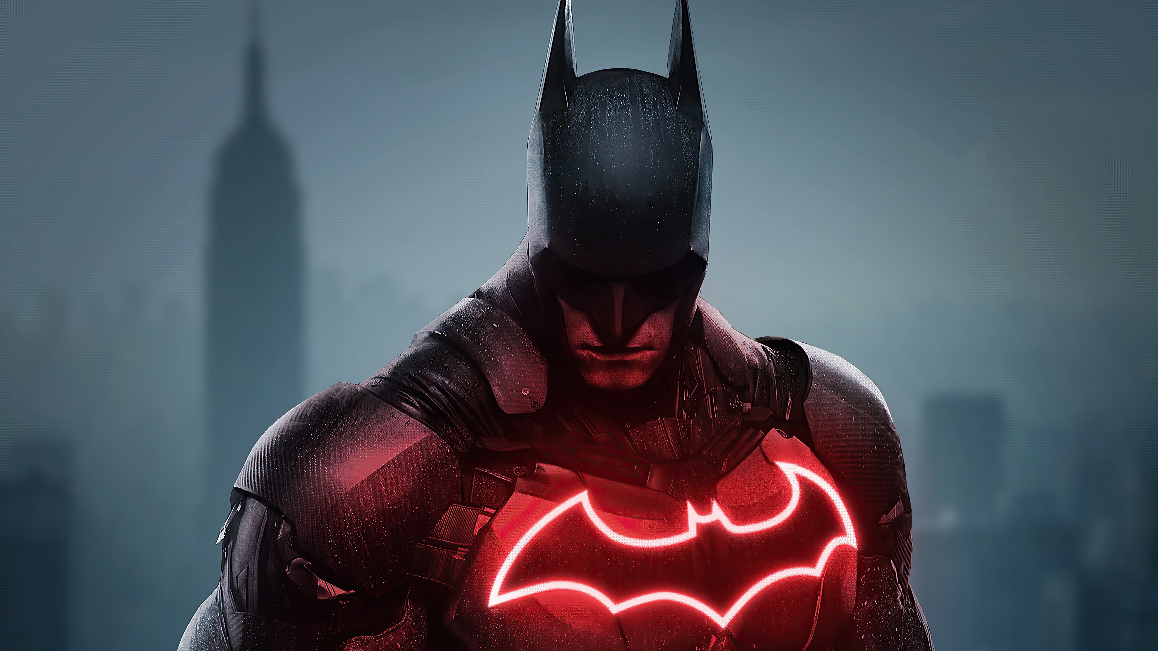 Batman, Leuchtendes Fledermaus-Logo, Rotes Neon, Rüstung, Nebel, Skyline, 3840x2160, Desktop-Hintergrund
