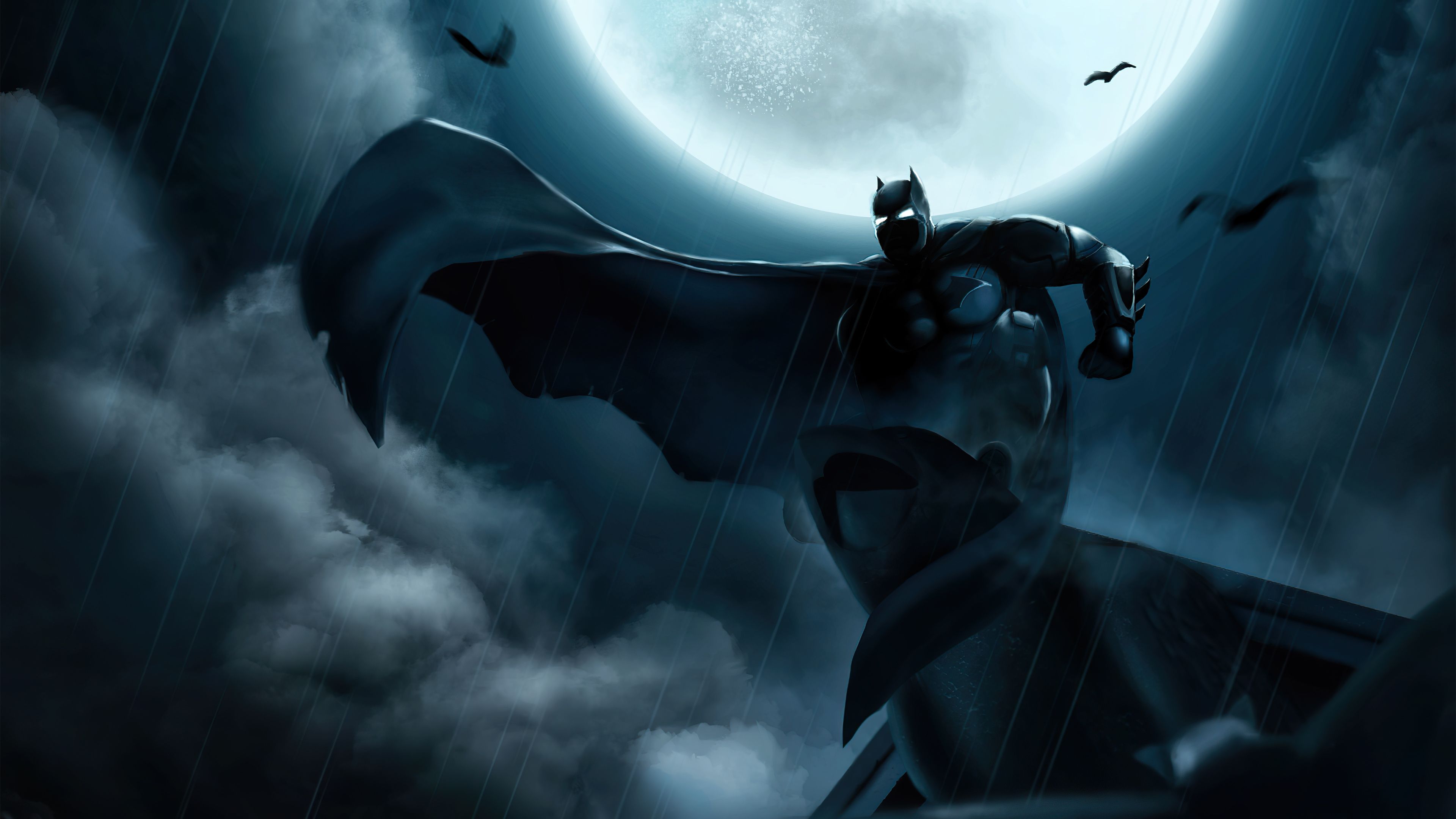 Batman, Vollmond, Fledermäuse, Nachthimmel, Gotham City, 4K, Breitbild-Hintergrundbild