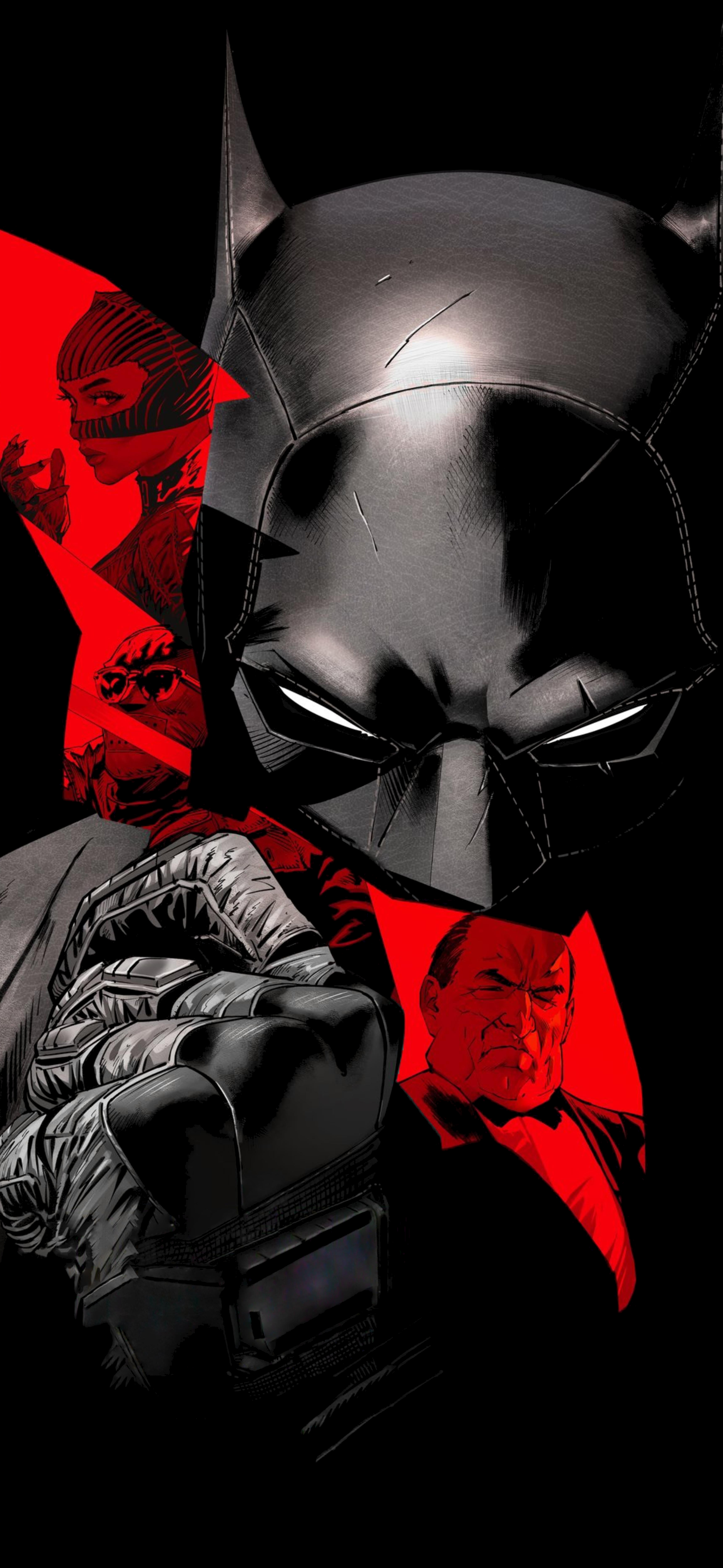 Batman, Maske, Rot-Schwarz, Comic-Stil, Nahaufnahme, QHD+, Handy-Hintergrund im Hochformat