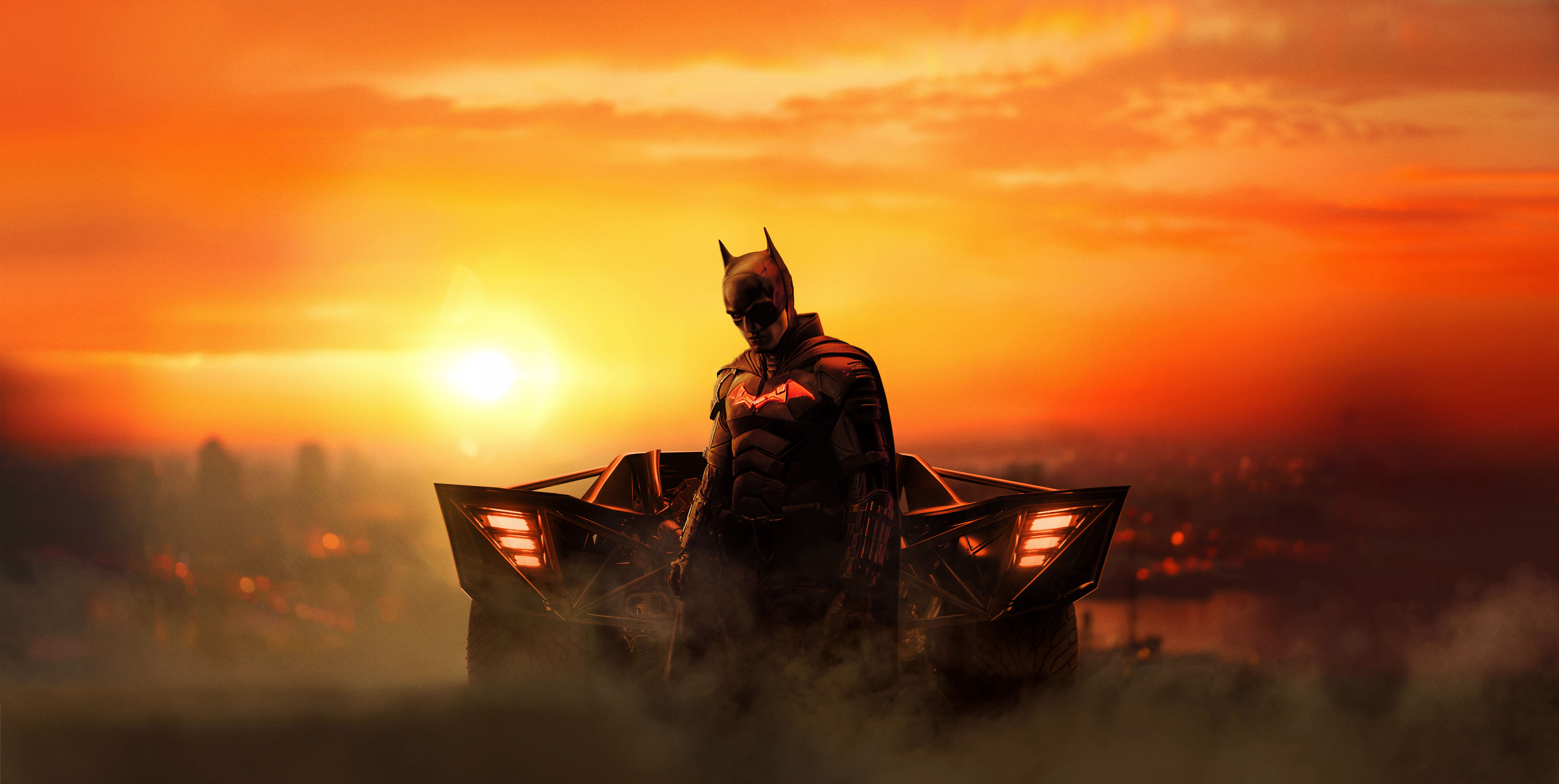 The Batman, Batman, Batmobil, Sonnenuntergang, Oranger Himmel, 8K, Laptop-Hintergrundbild
