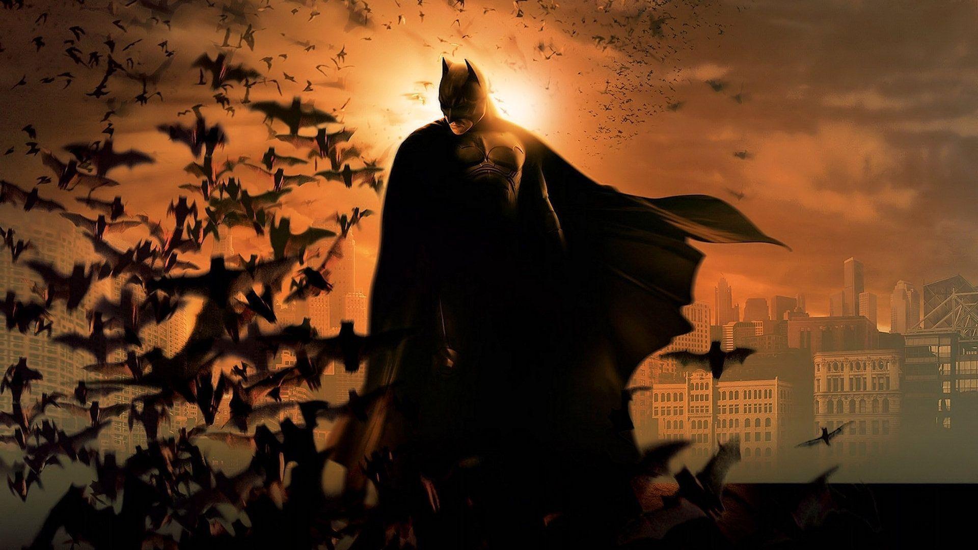 Batman, Fledermausschwarm, Gotham City, Sonnenuntergang, Umhang, 1920x1080, Desktop-Hintergrund