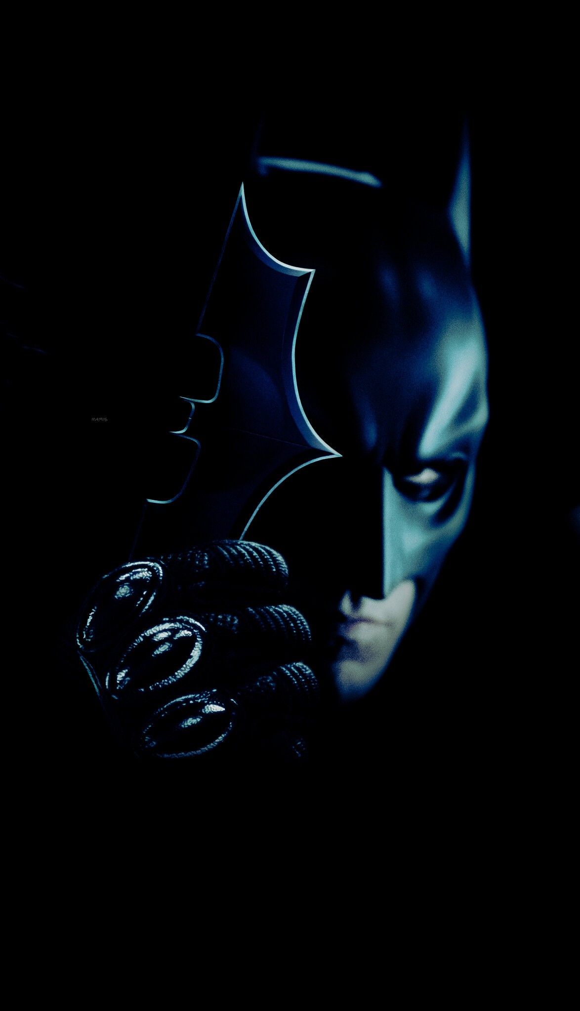 Batman, Halbes Gesicht, Dunkelblau, Schatten, Düster, Full HD, Handy-Hintergrund im Hochformat