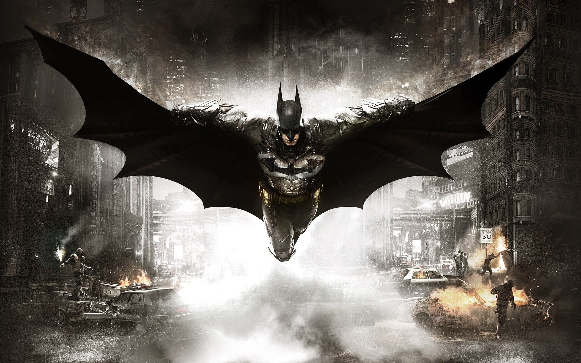 Batman: Arkham Knight, Batman, Gleitflug, Gotham City, Nebel, Full HD, Laptop-Hintergrundbild