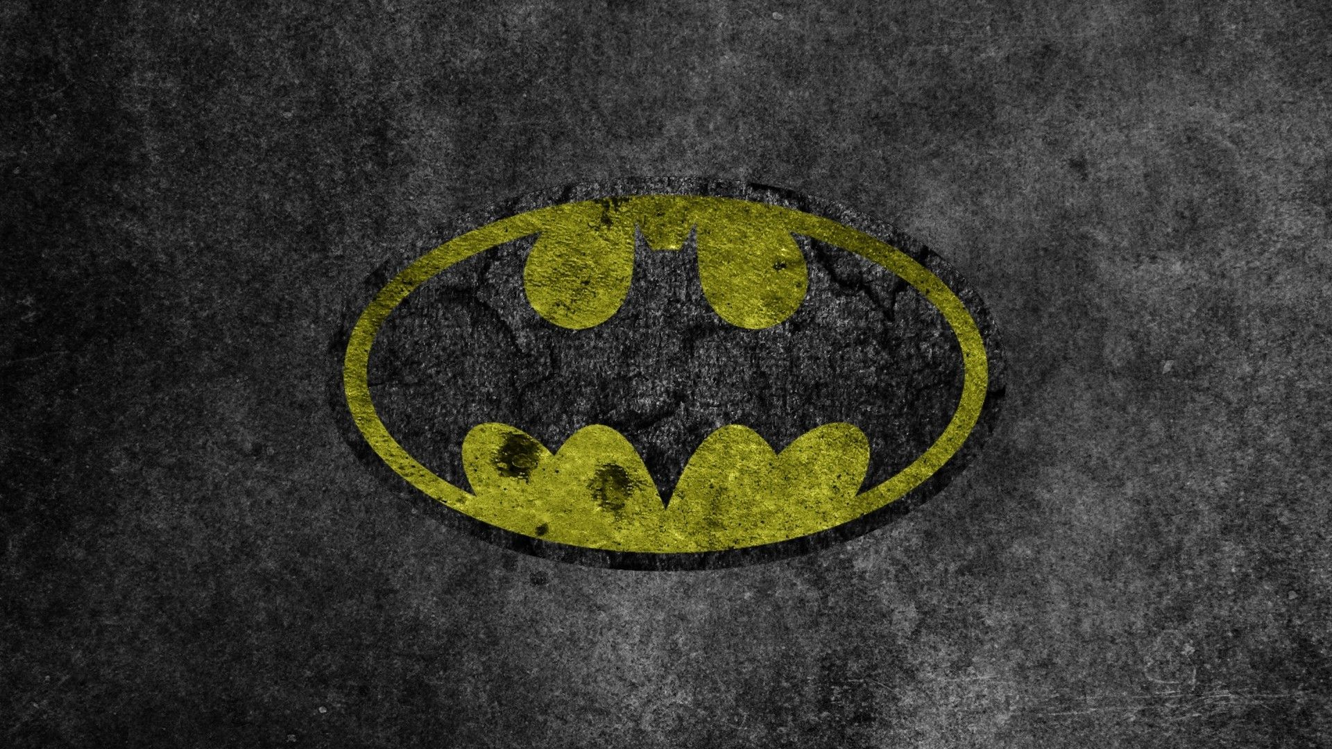 Batman, Batman-Logo, Grunge, Betontextur, Gelb, 16:9, Full-HD-Hintergrundbild für den Desktop
