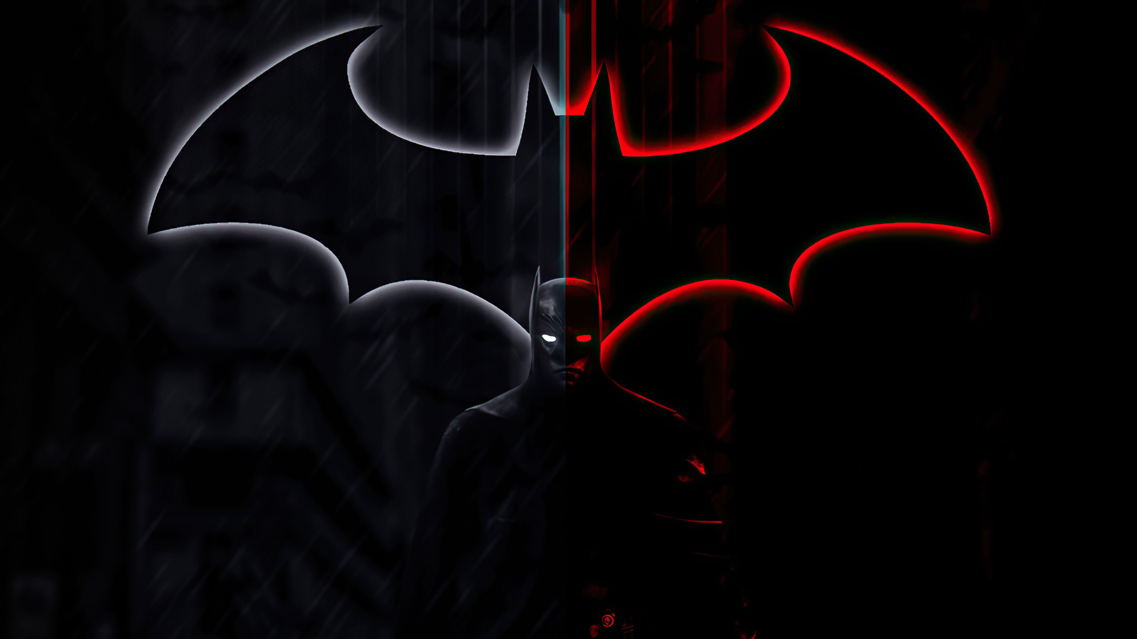 Batman, Fledermaus-Logo, Rot-Weiß, Neon-Konturen, Schwarzer Hintergrund, 4K Wallpaper