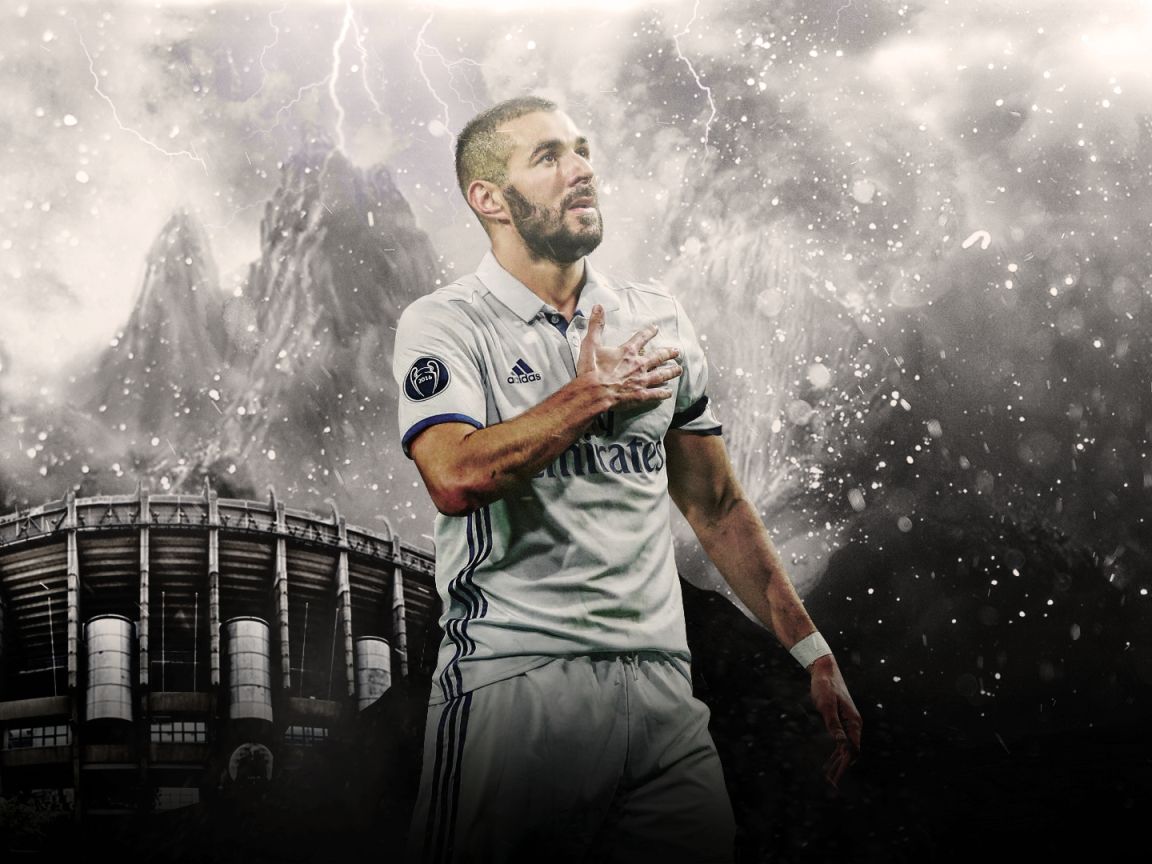 Karim Benzema, Real Madrid, Stadion, Schnee, Digitale Kunst, Hintergrundbild fürs iPad