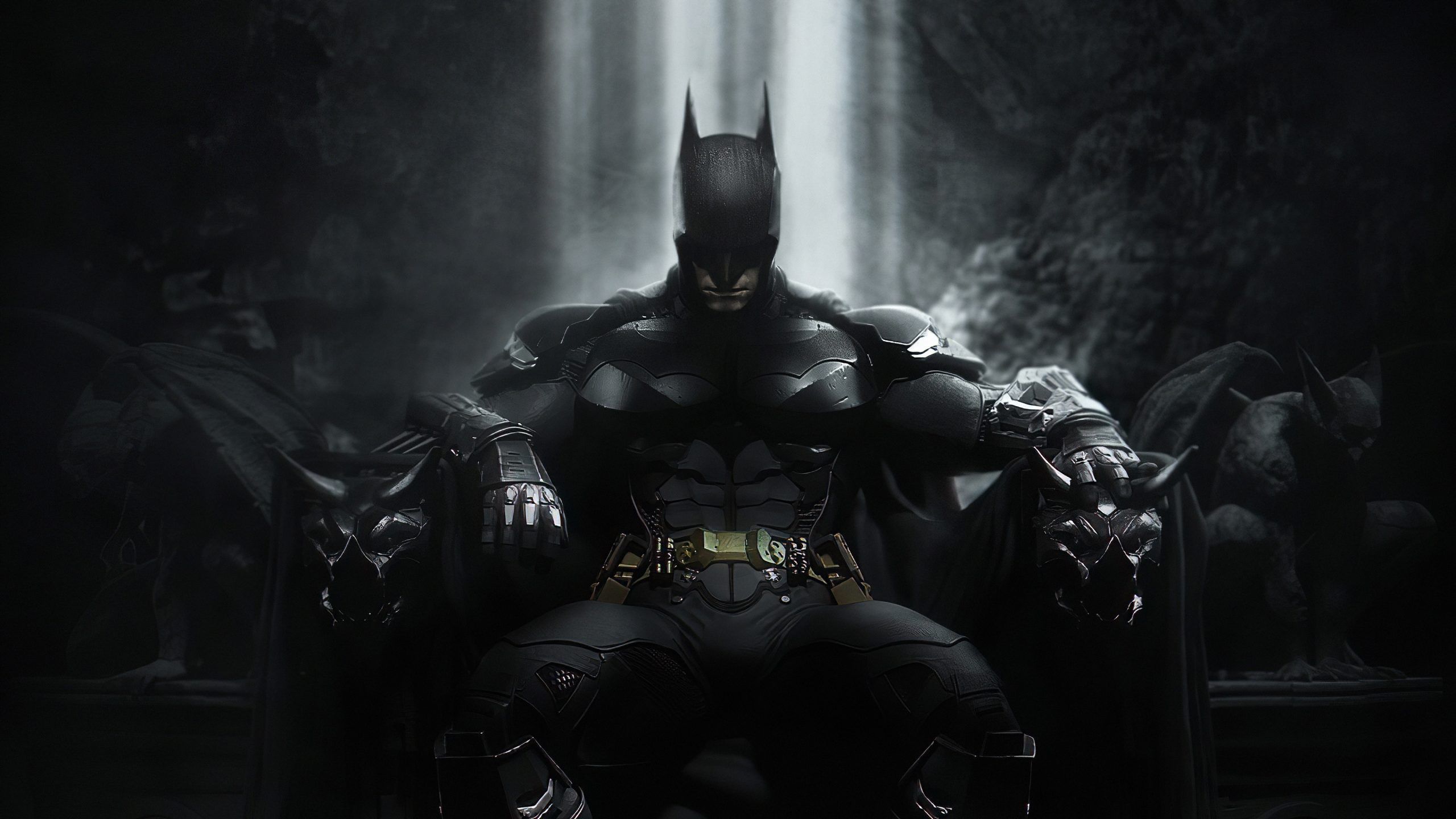 Batman, Thron, Lichtstrahl, Wasserspeier, Dunkel, 2K, Desktop-Hintergrund für Windows