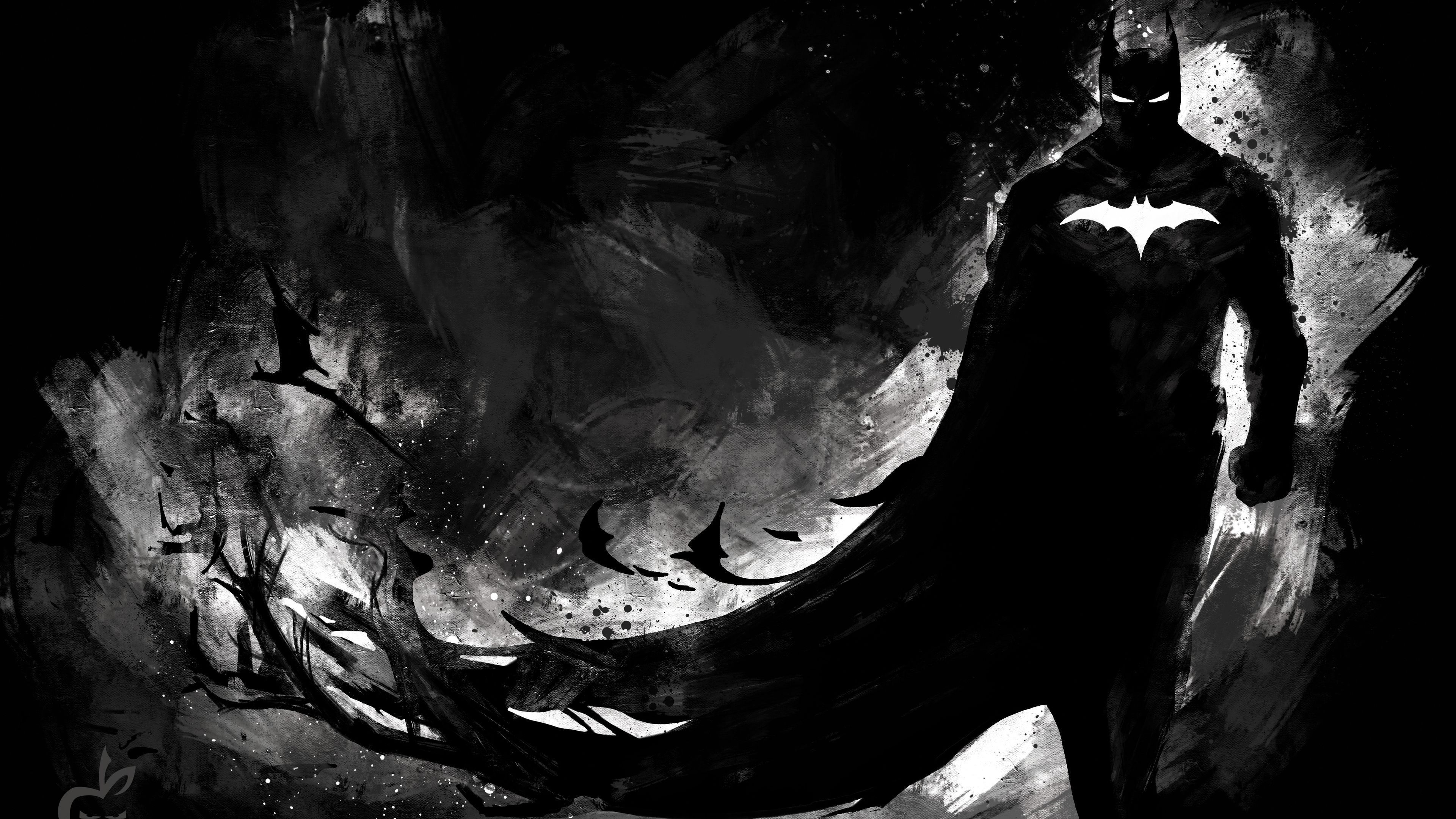Batman, Tuschezeichnung, Schwarz-Weiß, Fledermäuse, Umhang, 4K-Hintergrundbild für PC