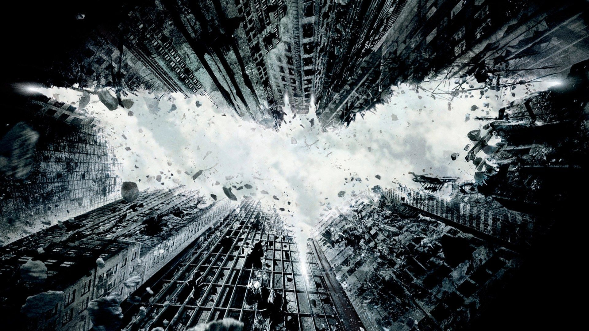 The Dark Knight Rises, Batman, Fledermaus-Logo, Wolkenkratzer, Explosion, Froschperspektive, 1080p Wallpaper