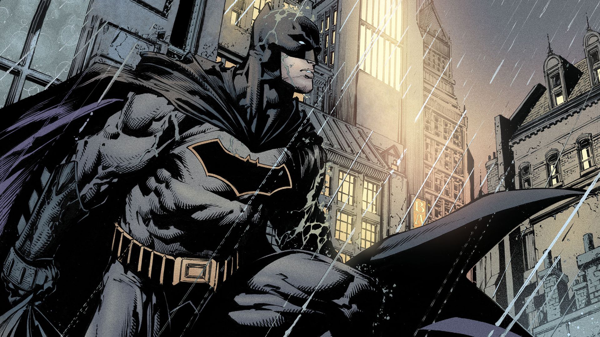 Batman, DC Comics, Comic-Stil, Gotham City, Regen, Architektur, Full HD, Breitbild-Hintergrundbild