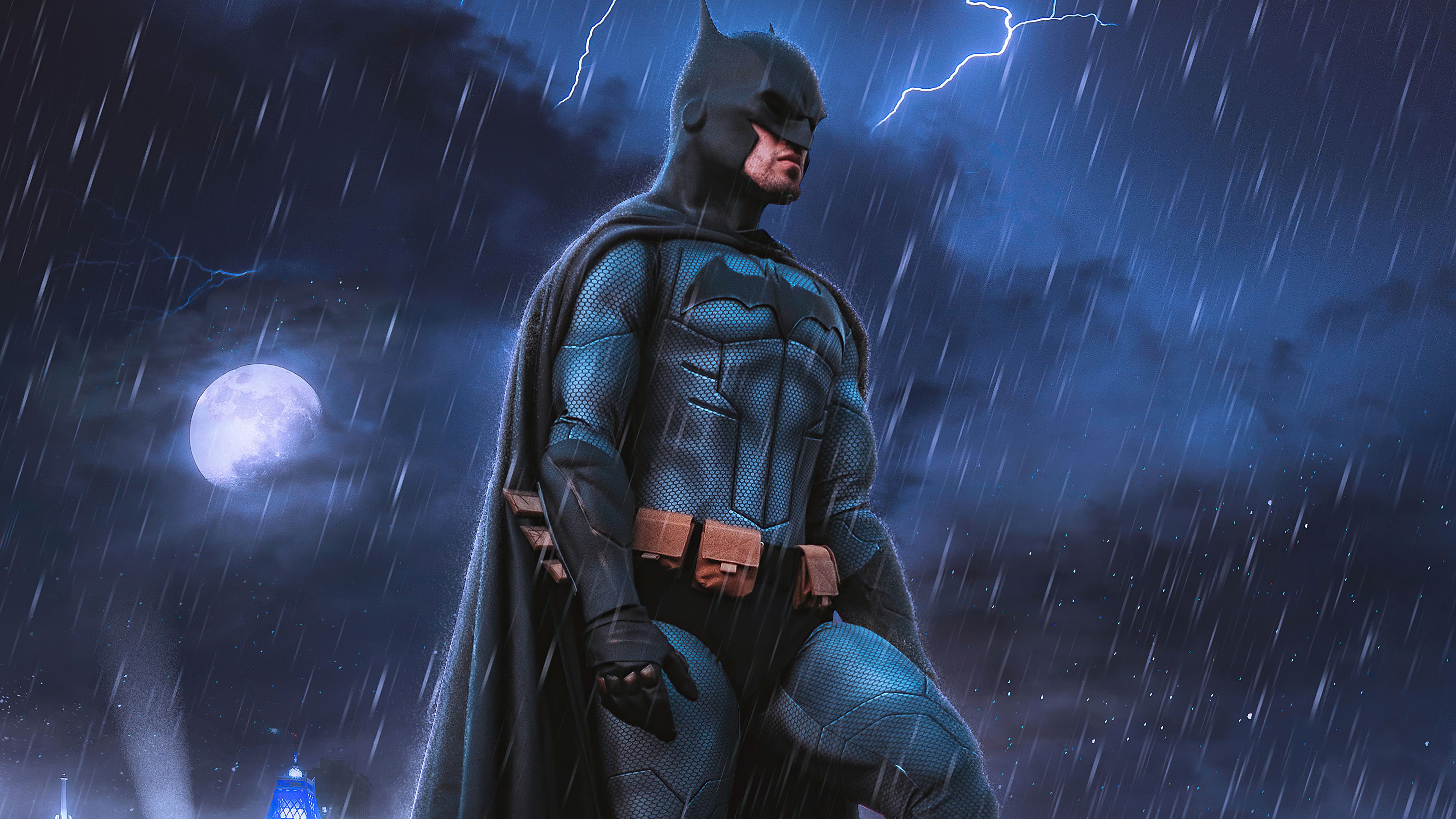 Batman, Regen, Blitz, Mond, Nacht, 4K 2160p, Desktop-Hintergrundbild
