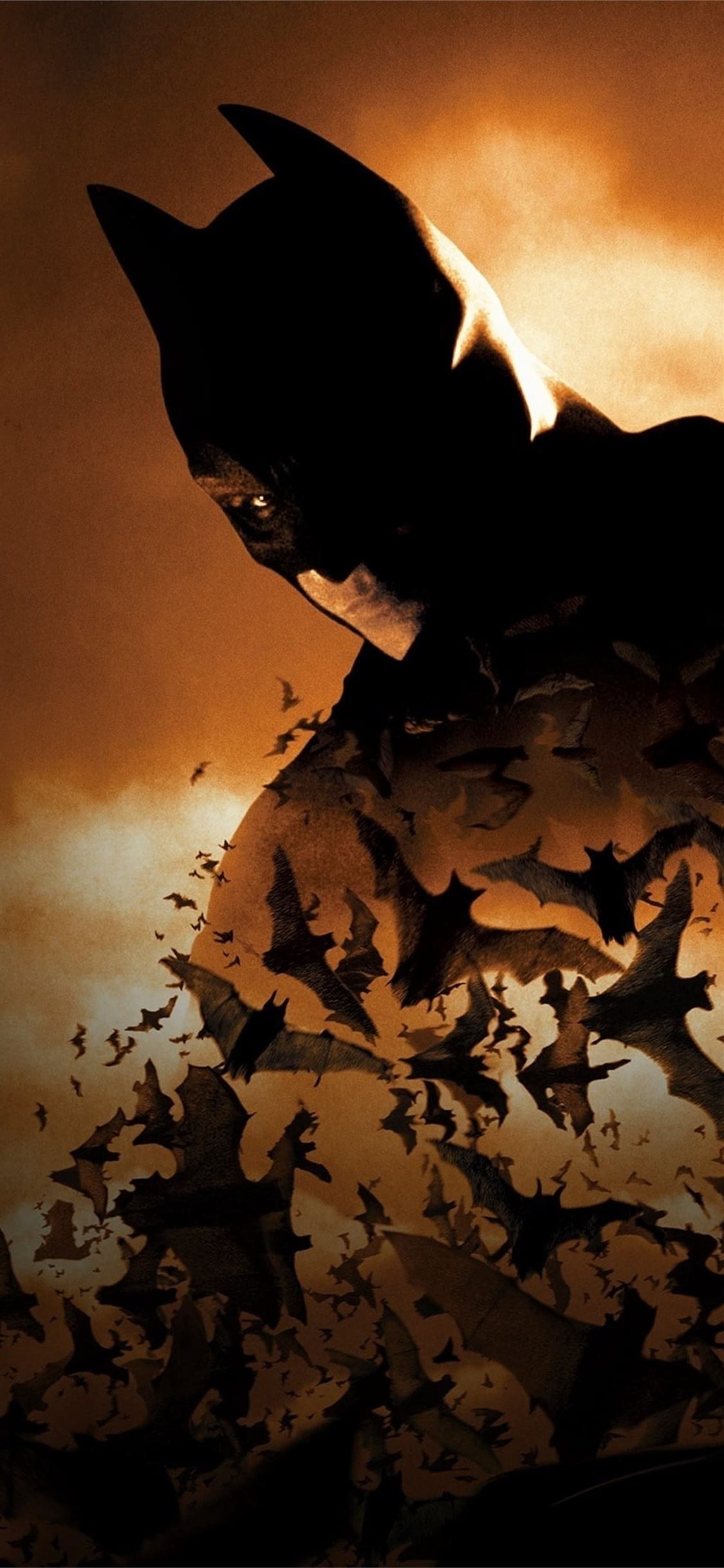 Batman Begins, Batman, Fledermausschwarm, Filmposter, Orange, Full HD, Handy-Hintergrundbild