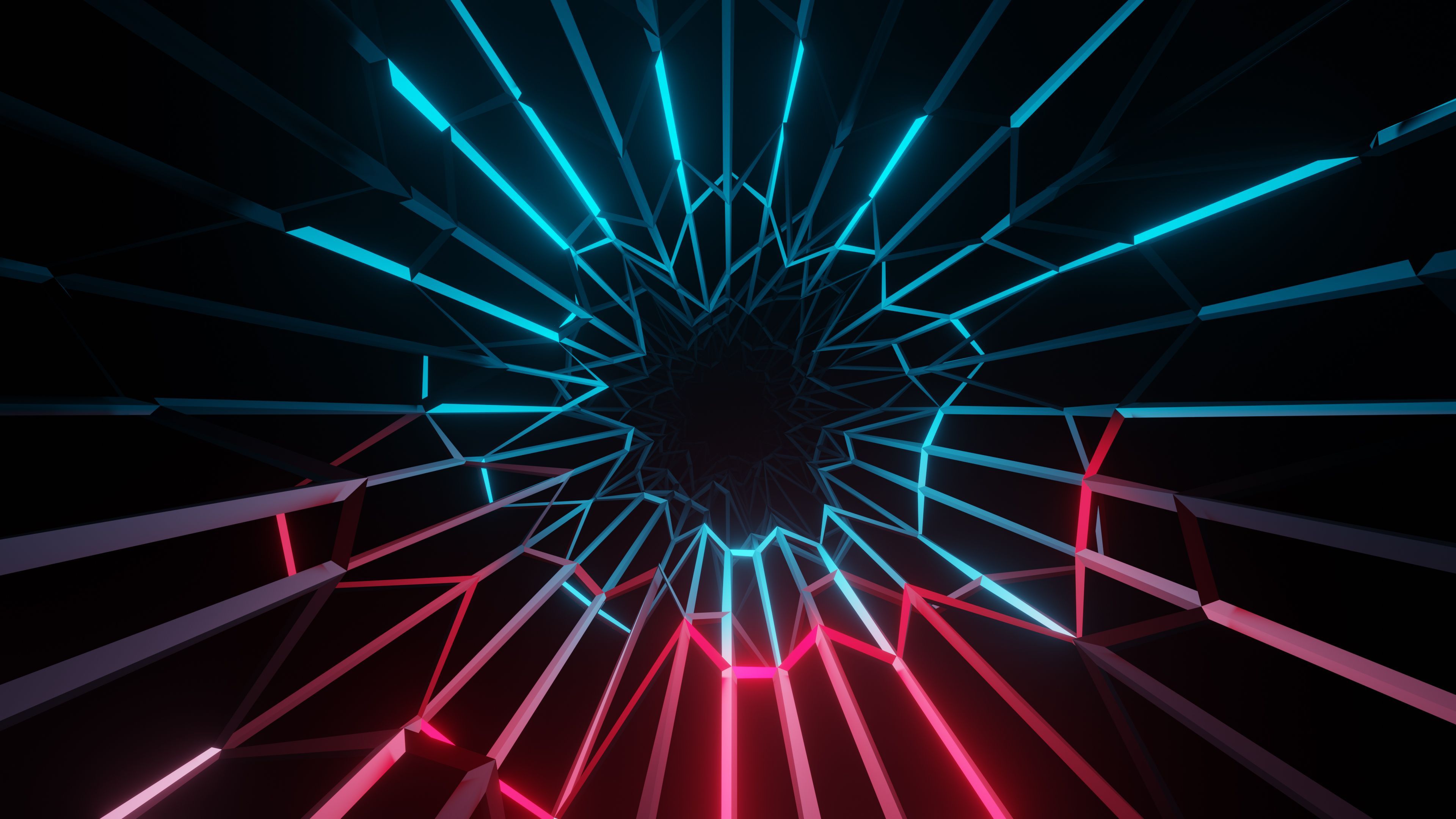 Lichtstrahlen, Tunnel, Türkis, Rot, Abstrakt, 3840x2160, 4K-Hintergrundbild für PC