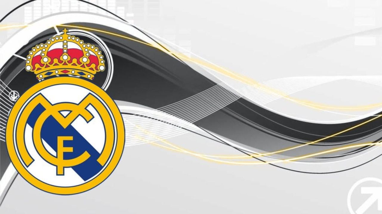 Real Madrid, Wappen, Weiße Wellen, Goldene Linien, 16:9, HD-Hintergrundbild für den Desktop