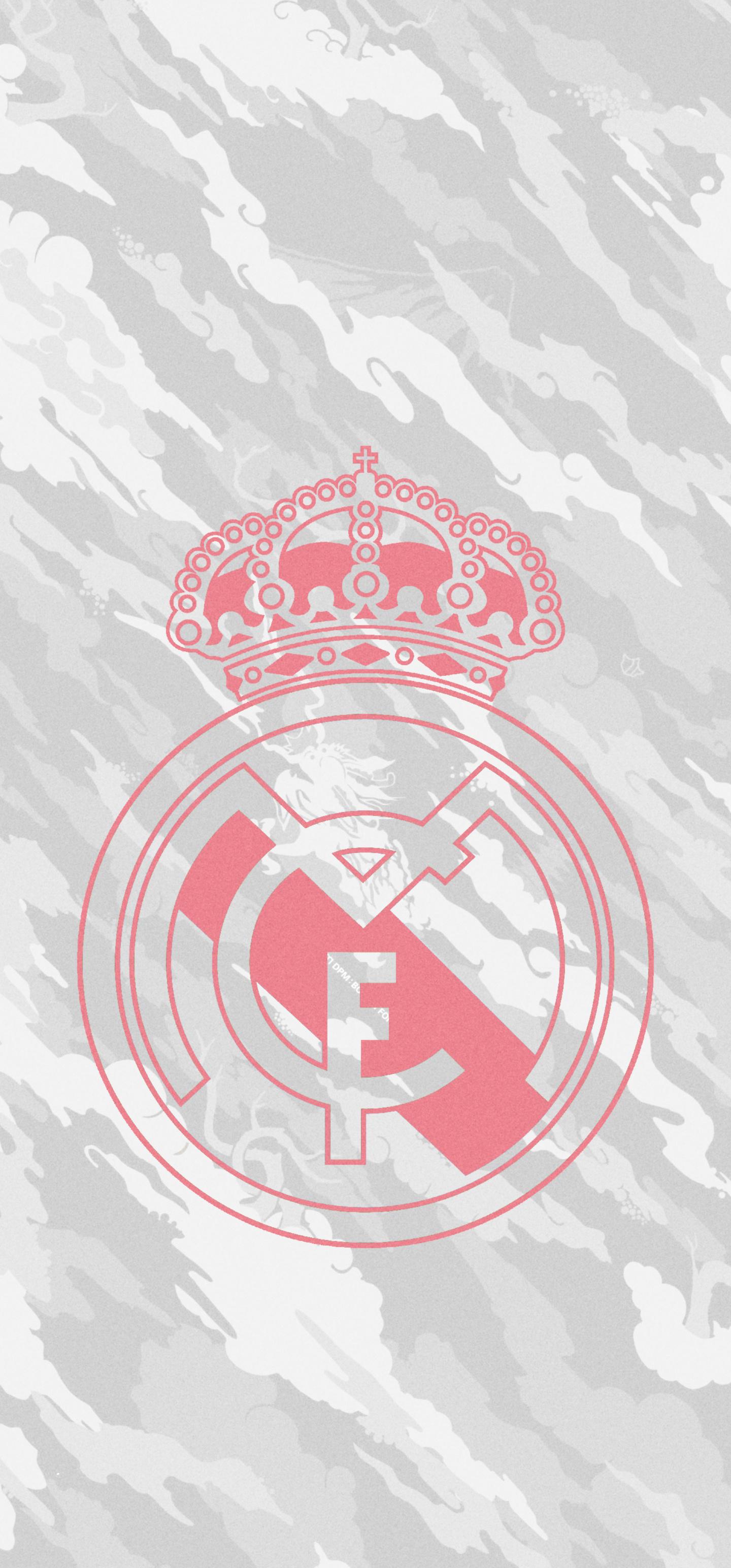 Real Madrid, Blasses Wappen, Weiße Tarnung, Minimalistisch, QHD+, iPhone-Hintergrundbild