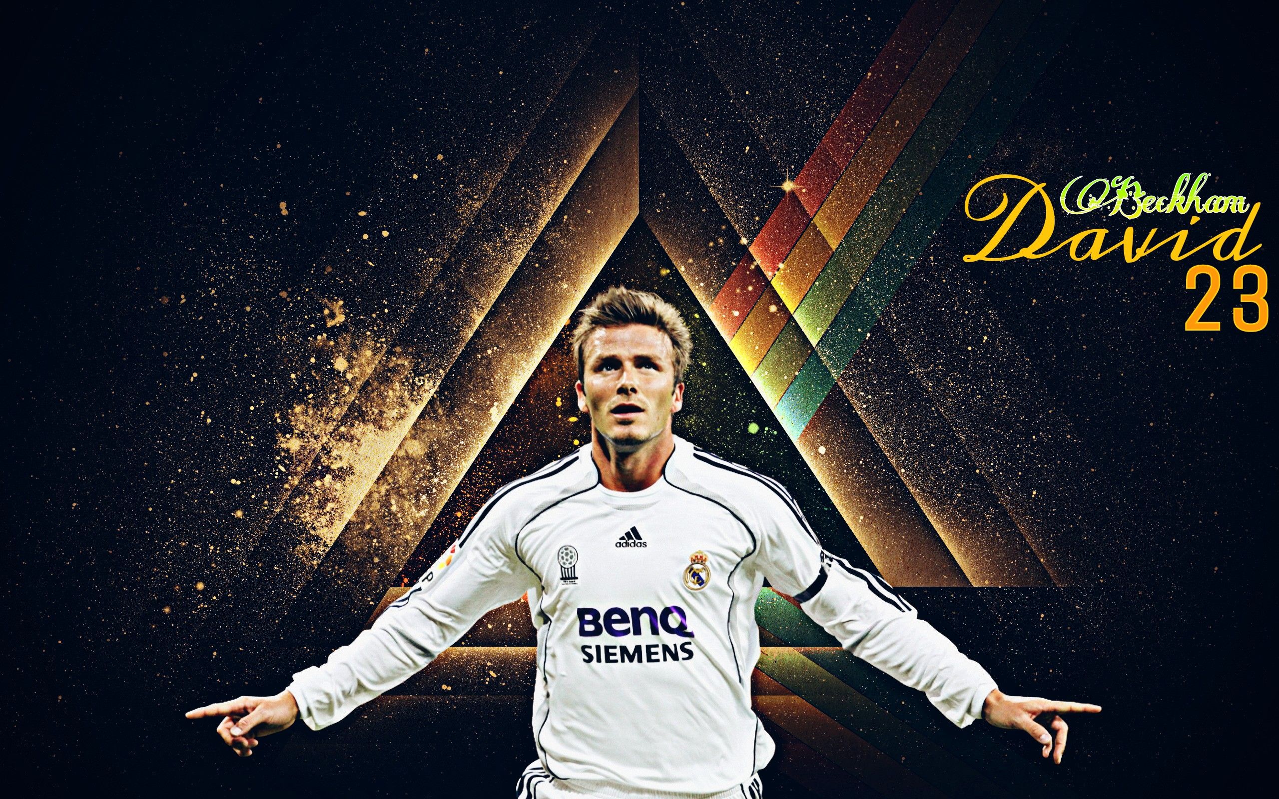 David Beckham, Real Madrid, Fußballspieler, Goldene Lichter, Dreieck, 2K, Windows-Hintergrundbild