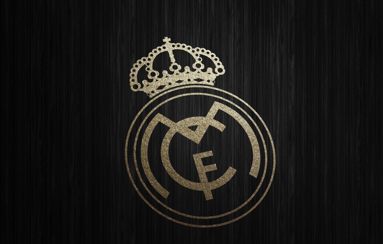Real Madrid, Goldenes Wappen, Holzstruktur, Schwarz, HD, Hintergrund für den Desktop