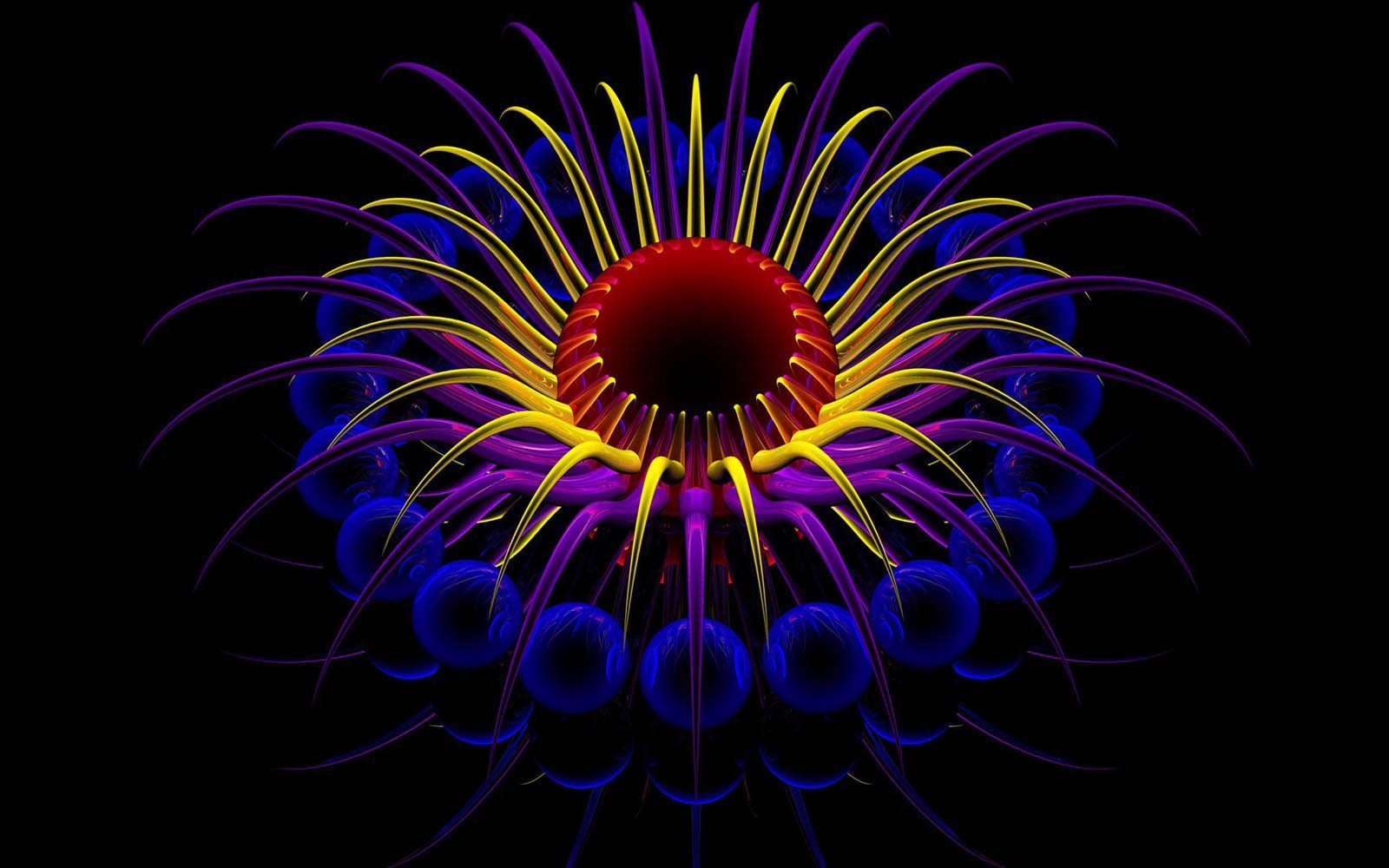 Fraktal, Blume, Lila, Gelb, Schwarzer Hintergrund, HD Wallpaper