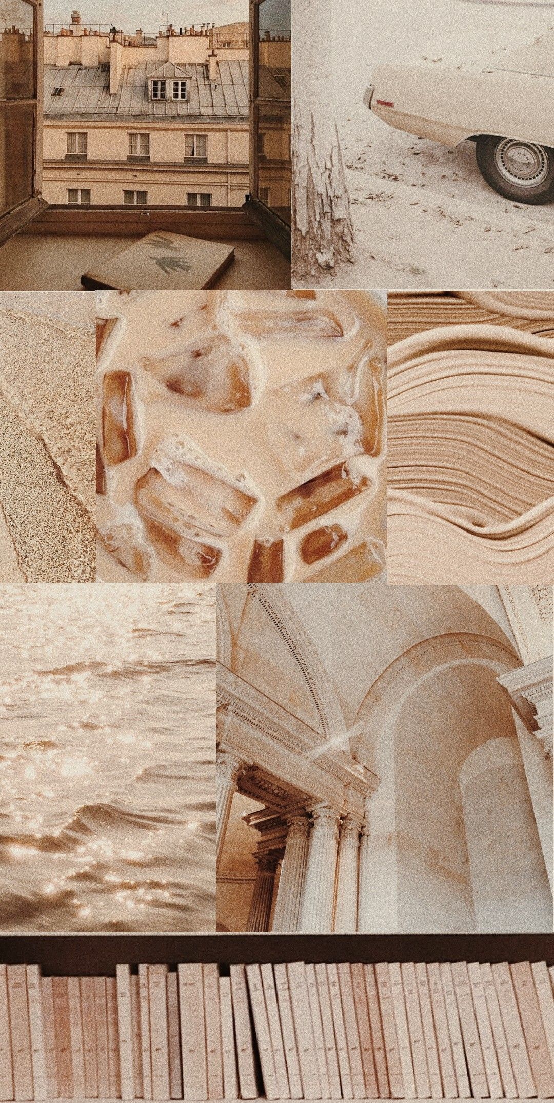 Collage, Ästhetik, Bücher, Nude-Töne, Moodboard, Hochformat, Hintergrundbild fürs Smartphone