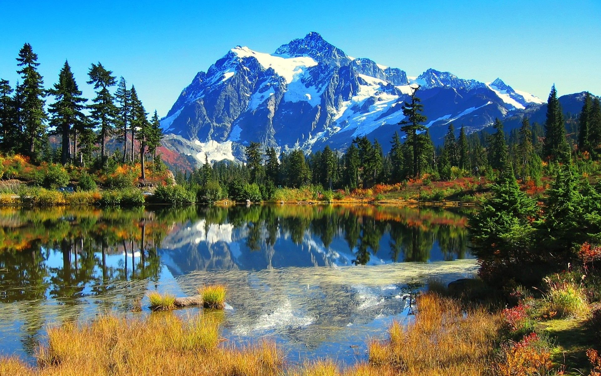 Mount Shuksan, Picture Lake, Washington, Spiegelung, Herbst, Full HD, PC-Hintergrundbild
