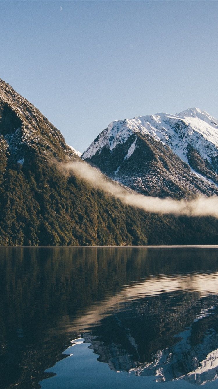 Bergsee, Nebel, Schneegipfel, Spiegelung, Dunst, HD, Hintergrundbild fürs Handy