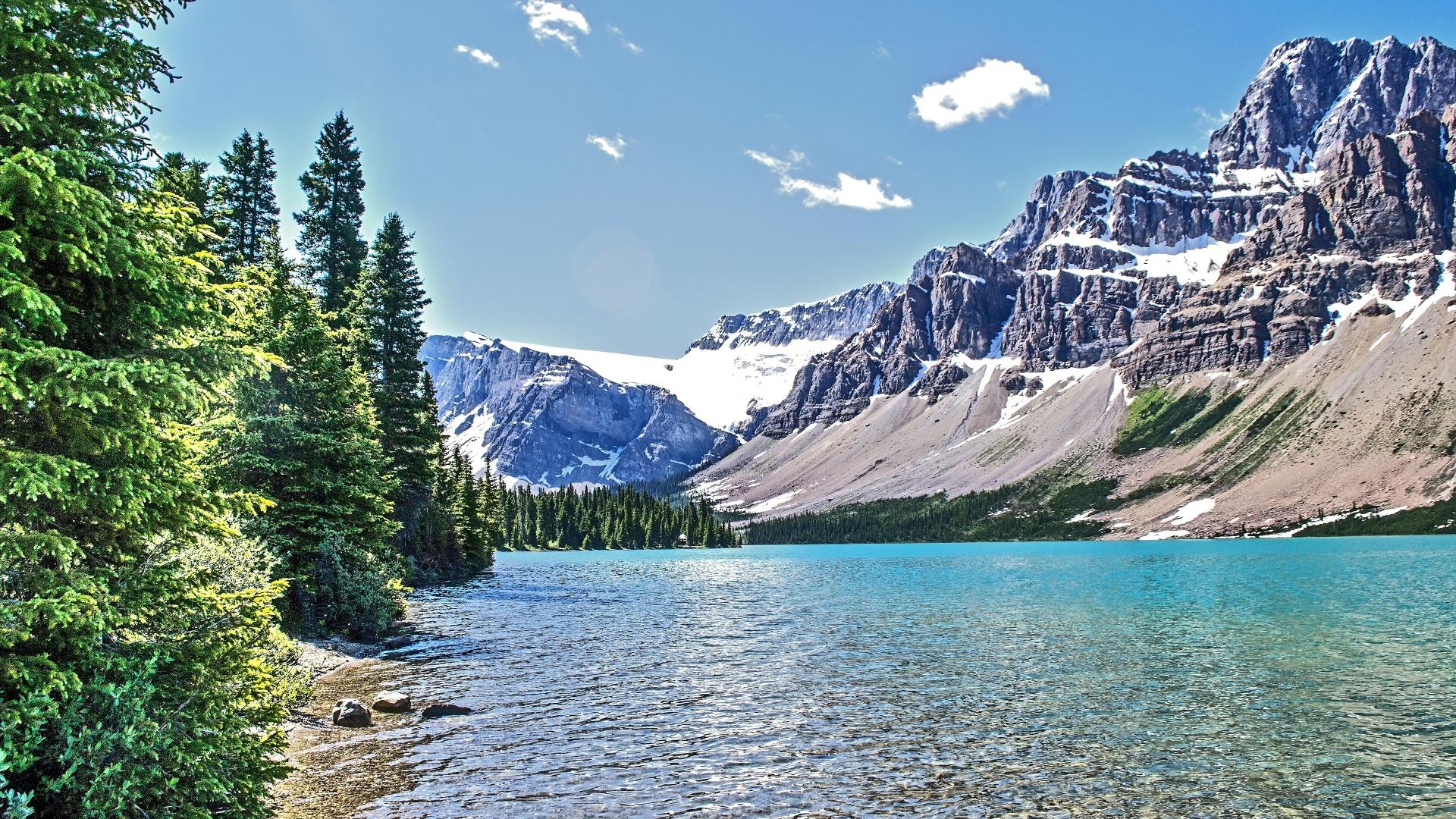Kanadische Rocky Mountains, Gletschersee, Türkis, Nadelwald, Felsgipfel, Full HD, Desktop-Hintergrund