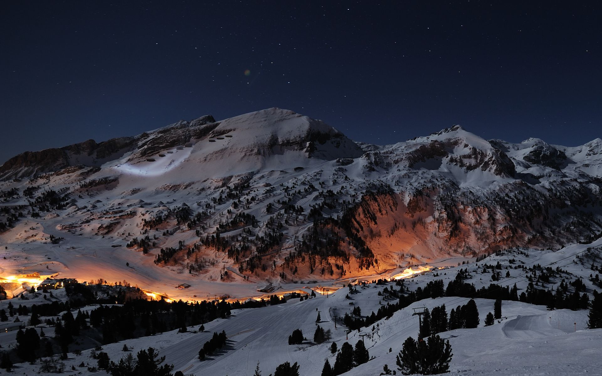 Schneeberge, Nacht, Sternenhimmel, Lichter, Winter, 16:10, Full-HD-Hintergrundbild für den Desktop
