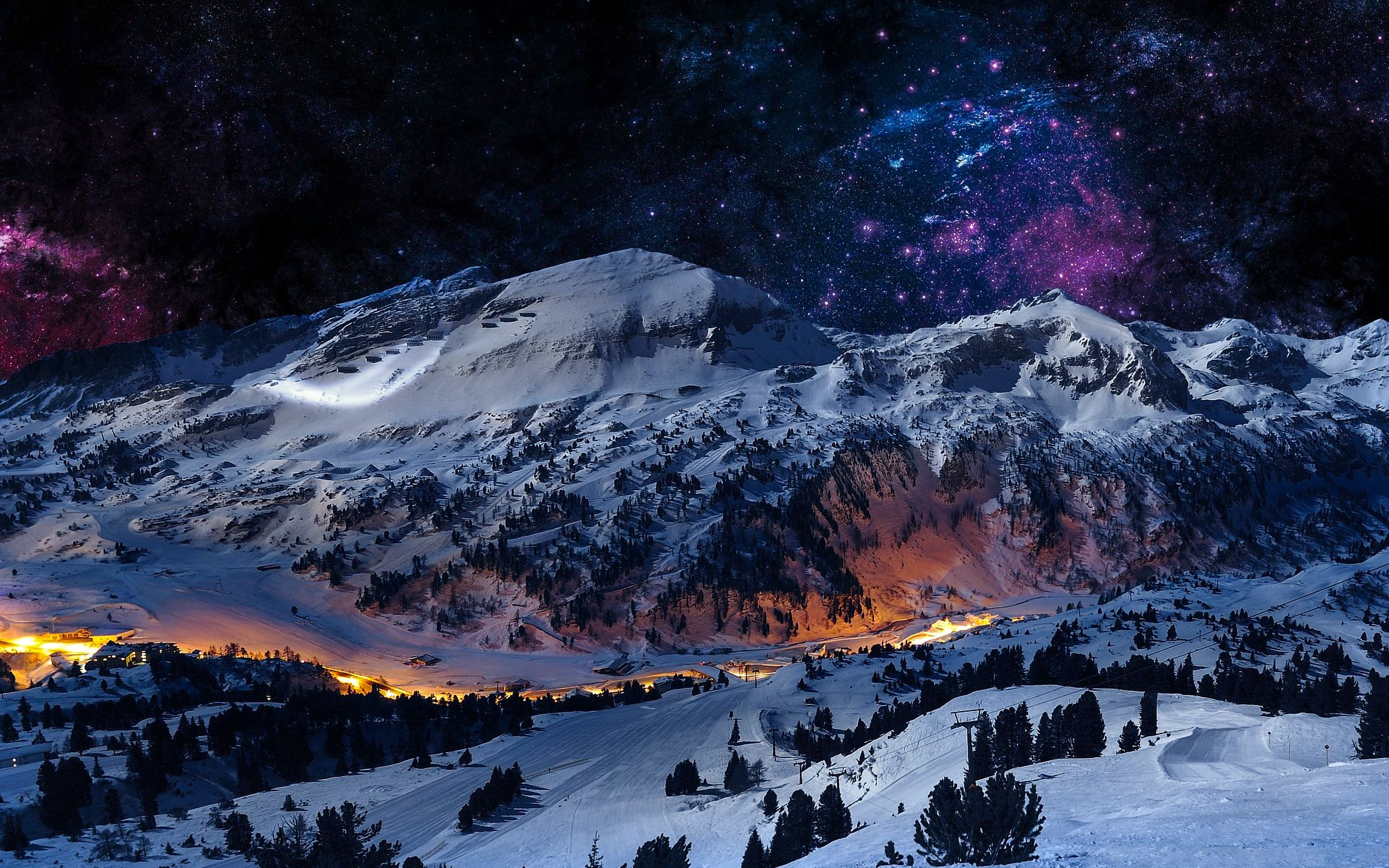 Schneeberge, Sternenhimmel, Nacht, Lichter, Winter, 16:10, 4K-Hintergrundbild für den Desktop