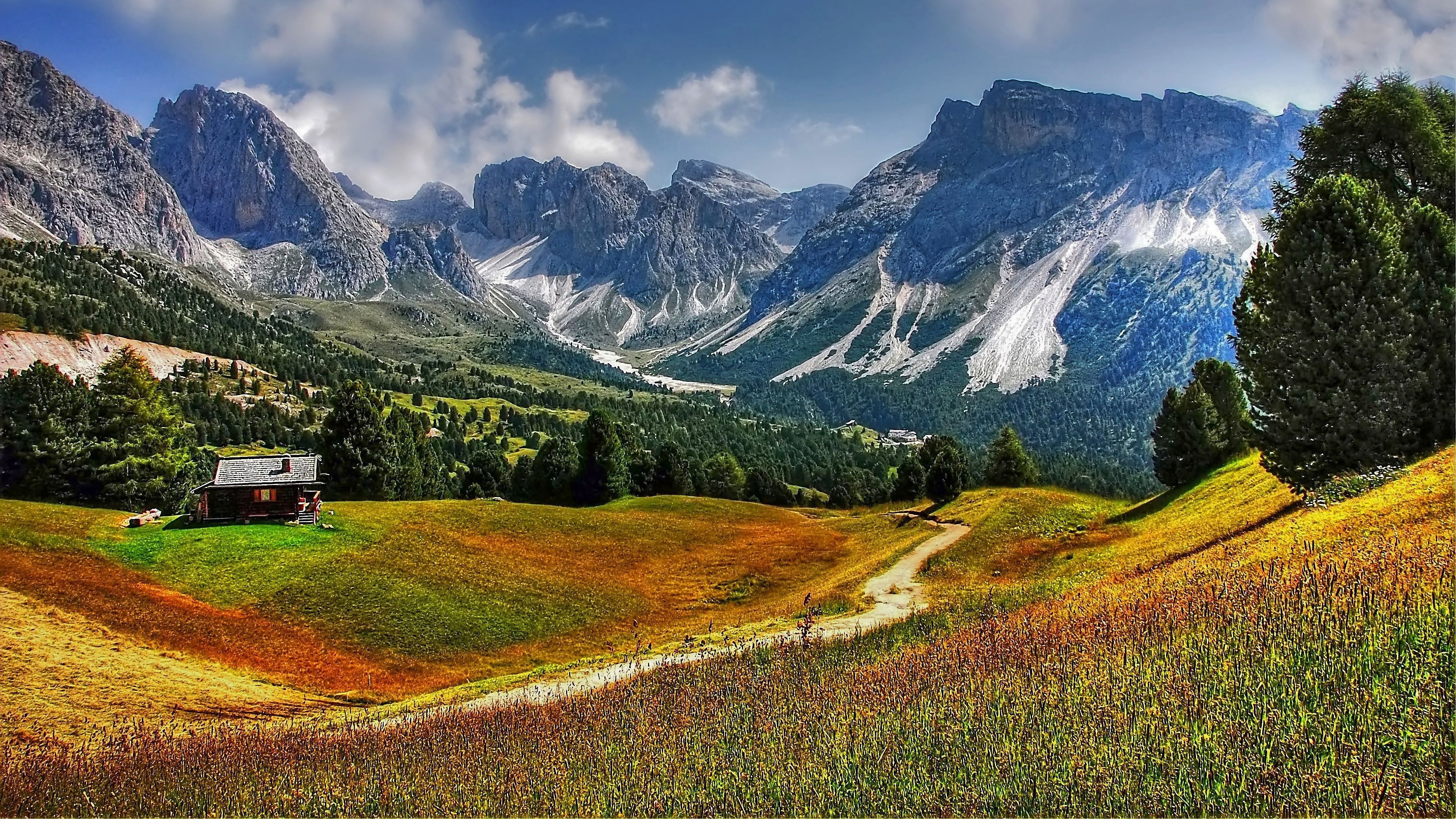 Bergtal, Almwiese, Wanderweg, Hütte, Alpen, Sommer, 3840x2160, 4K-Hintergrundbild für PC