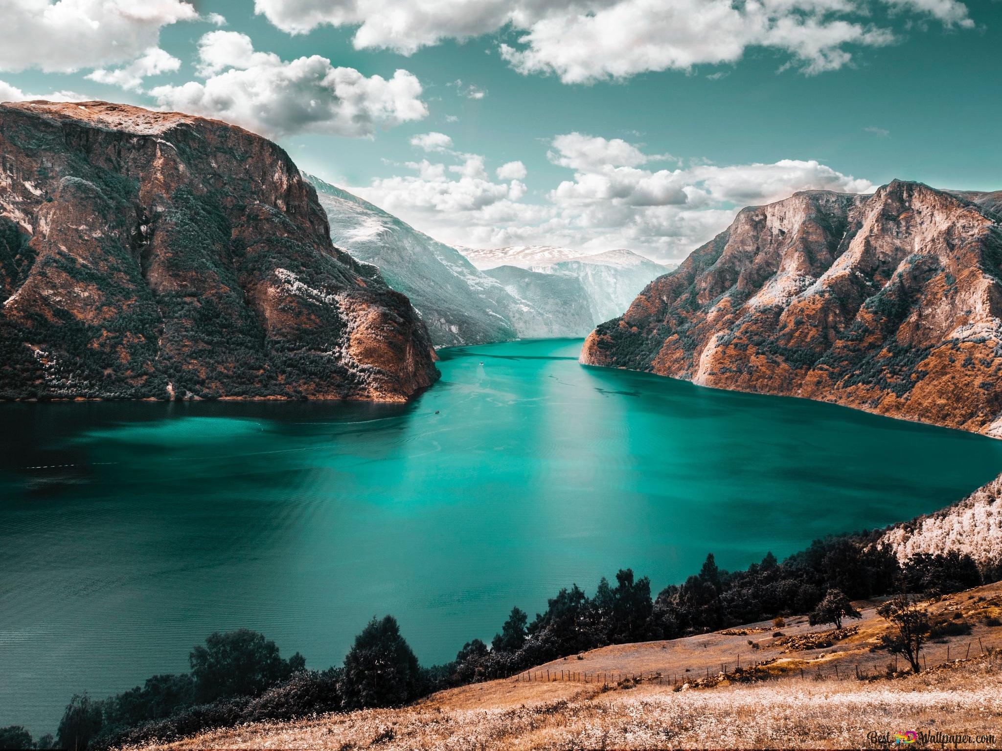 Fjord, Türkises Wasser, Felswände, Wolken, Schlucht, Full HD, iPad-Hintergrundbild