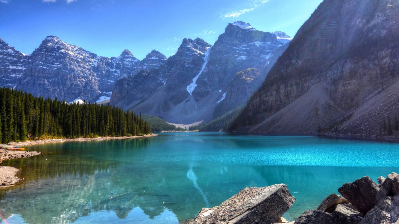 Moraine Lake, Banff-Nationalpark, Kanada, Türkiser See, Felsgipfel, HD, Breitbild-Hintergrundbild
