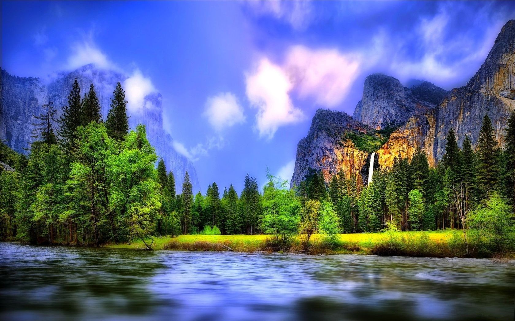 Yosemite-Nationalpark, Wasserfall, Fluss, Wald, HDR, Wolken, HD, Windows-Hintergrundbild